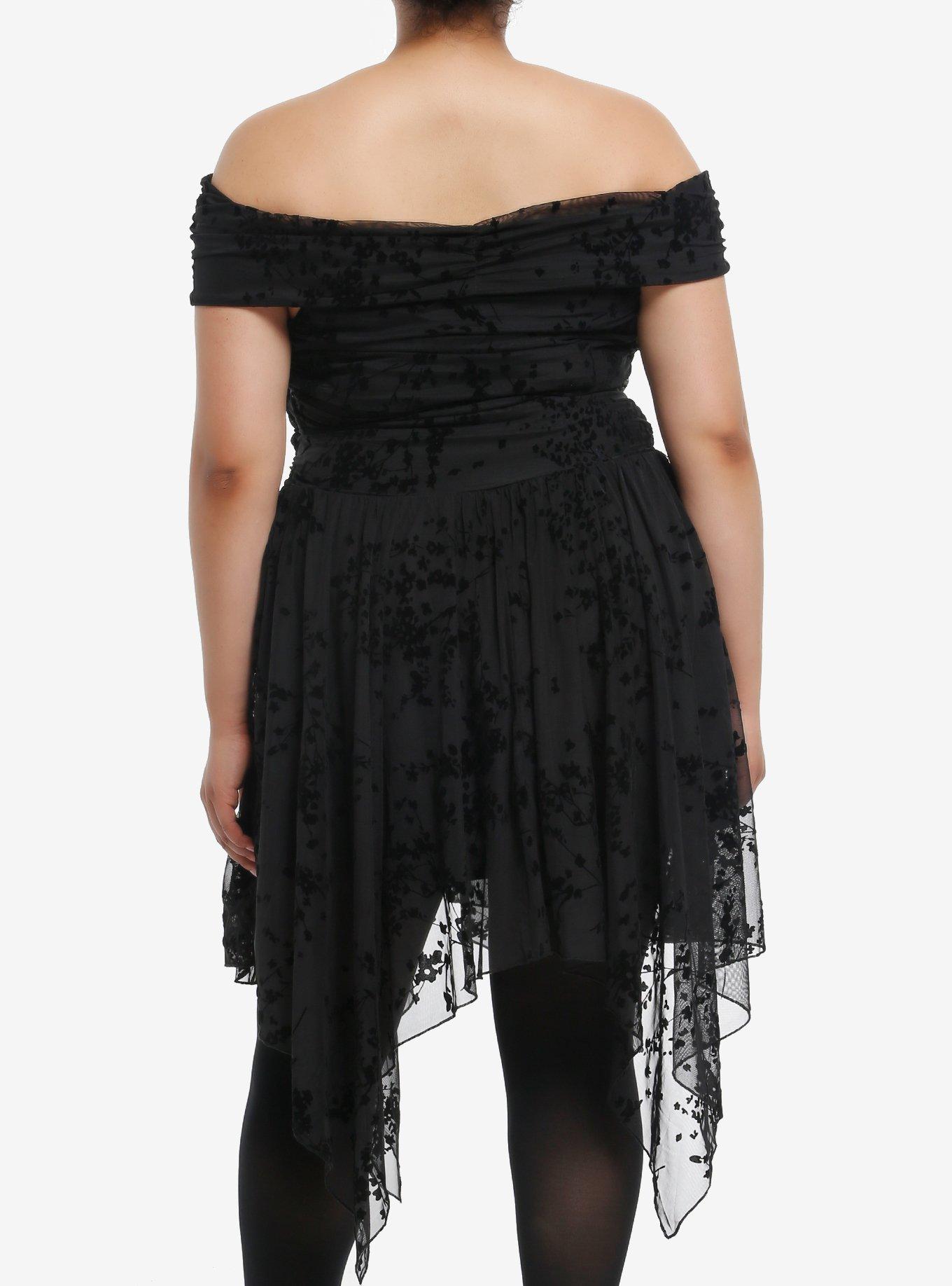 Cosmic Aura Floral Flocked Cold Shoulder Midi Dress Plus Size, BLACK, alternate