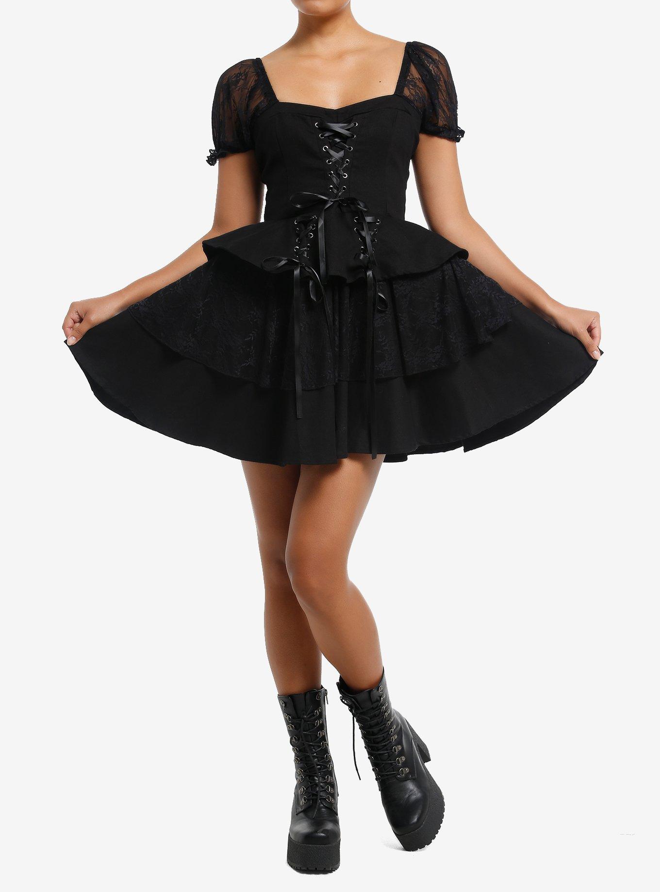 Black Lace Puff Sleeve Tiered Mini Dress, , hi-res