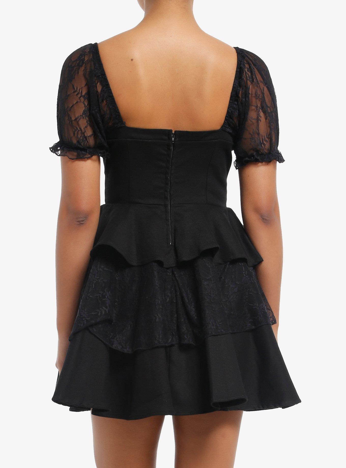 Black Lace Puff Sleeve Tiered Mini Dress, GREY, alternate