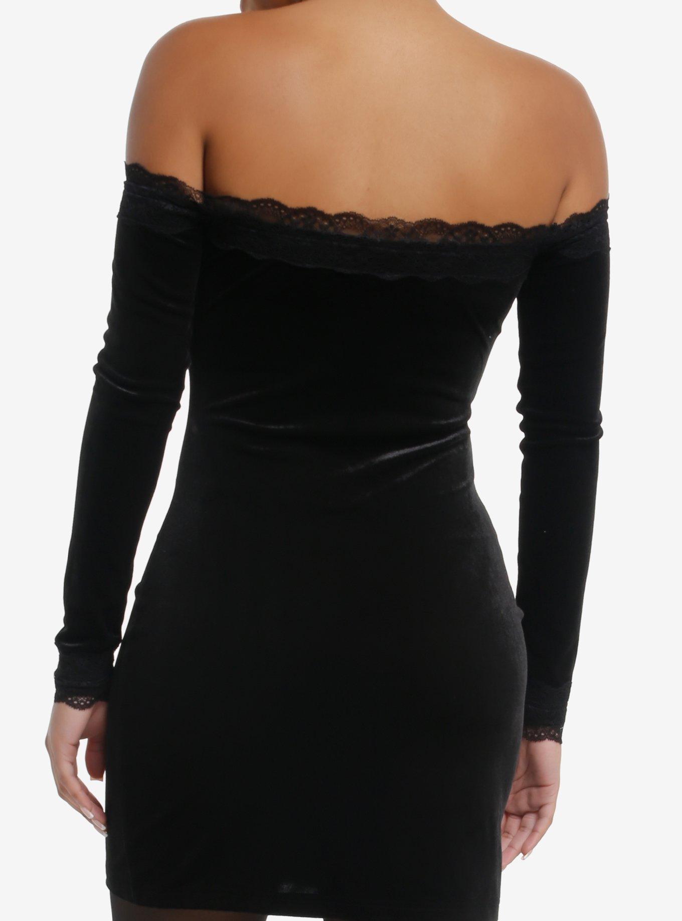 Ornate Cross Off-The-Shoulder Long-Sleeve Dress, BLACK, alternate