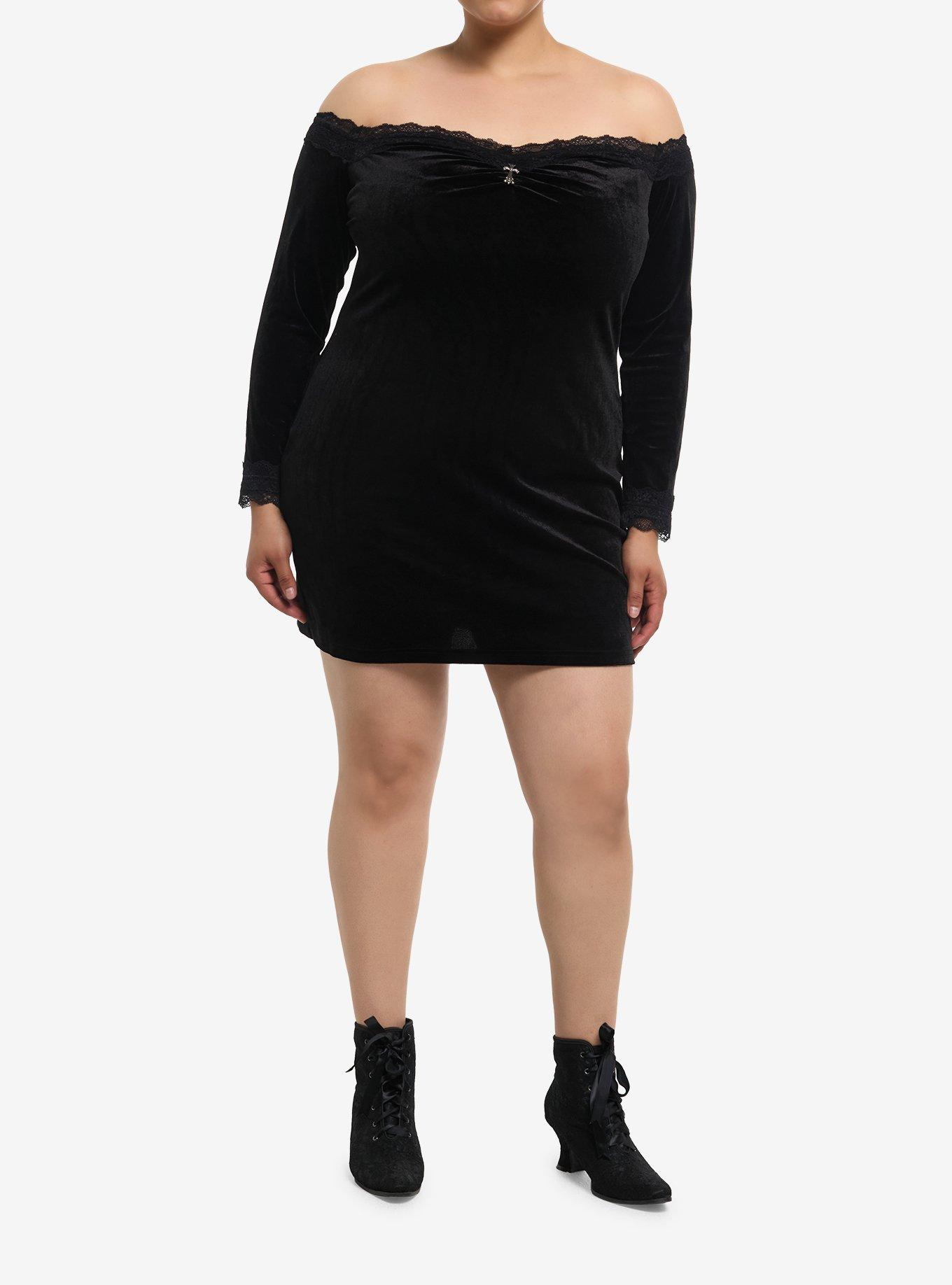 Ornate Cross Off-The-Shoulder Long-Sleeve Dress Plus Size, , hi-res