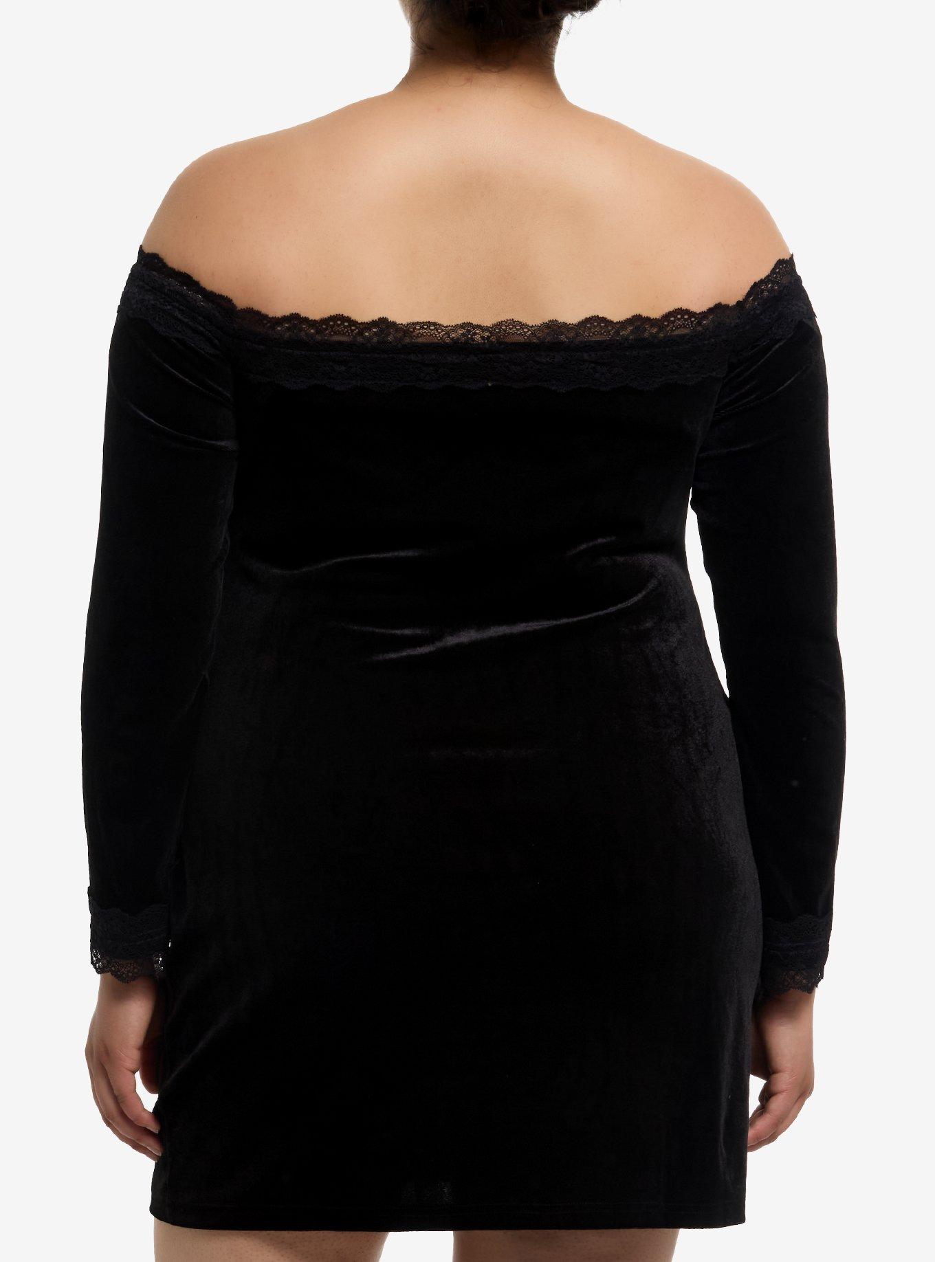 Ornate Cross Off-The-Shoulder Long-Sleeve Dress Plus Size, BLACK, alternate
