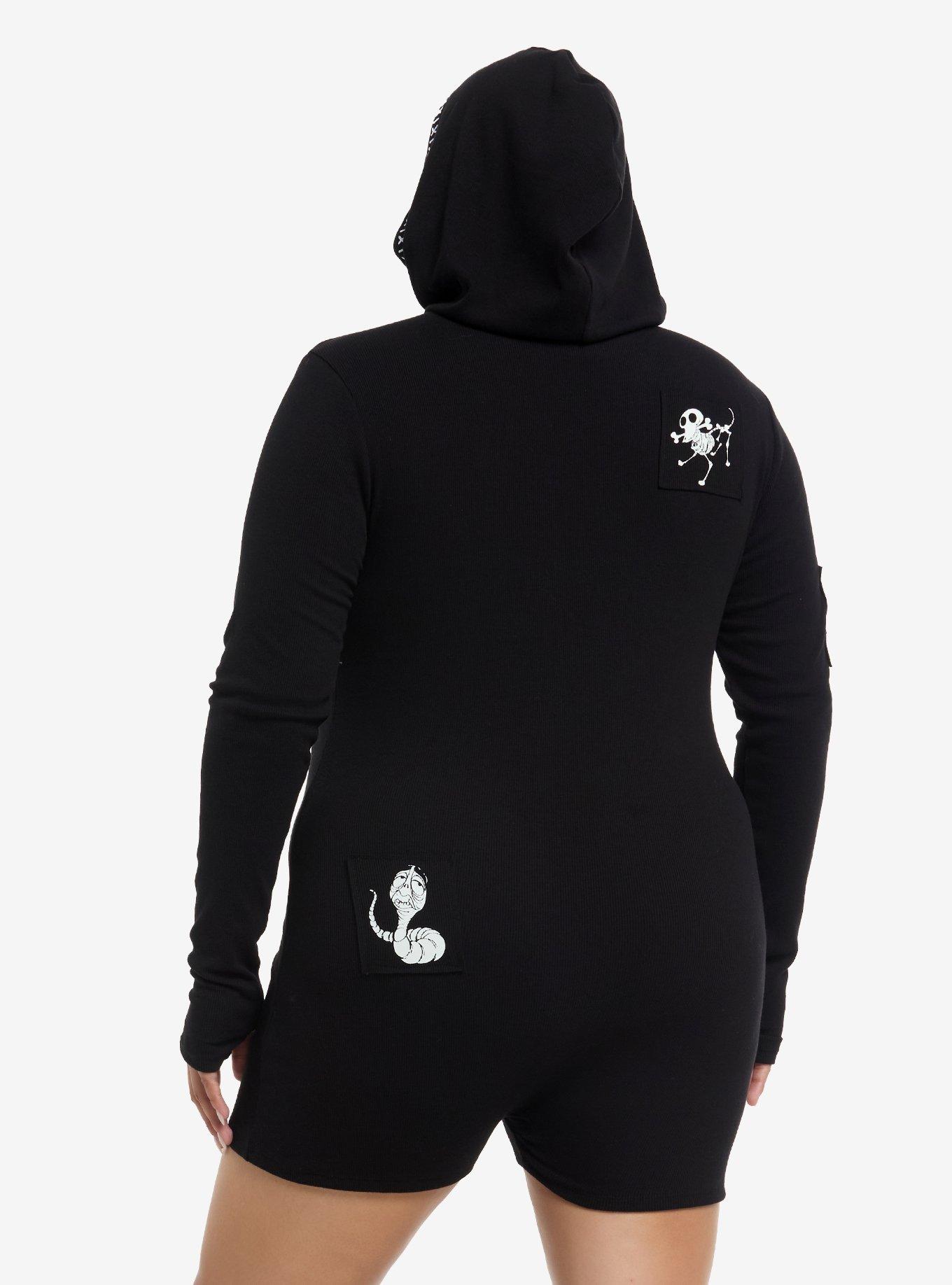 Corpse Bride Character Patch Hooded Romper Plus Size, BLACK  WHITE, alternate