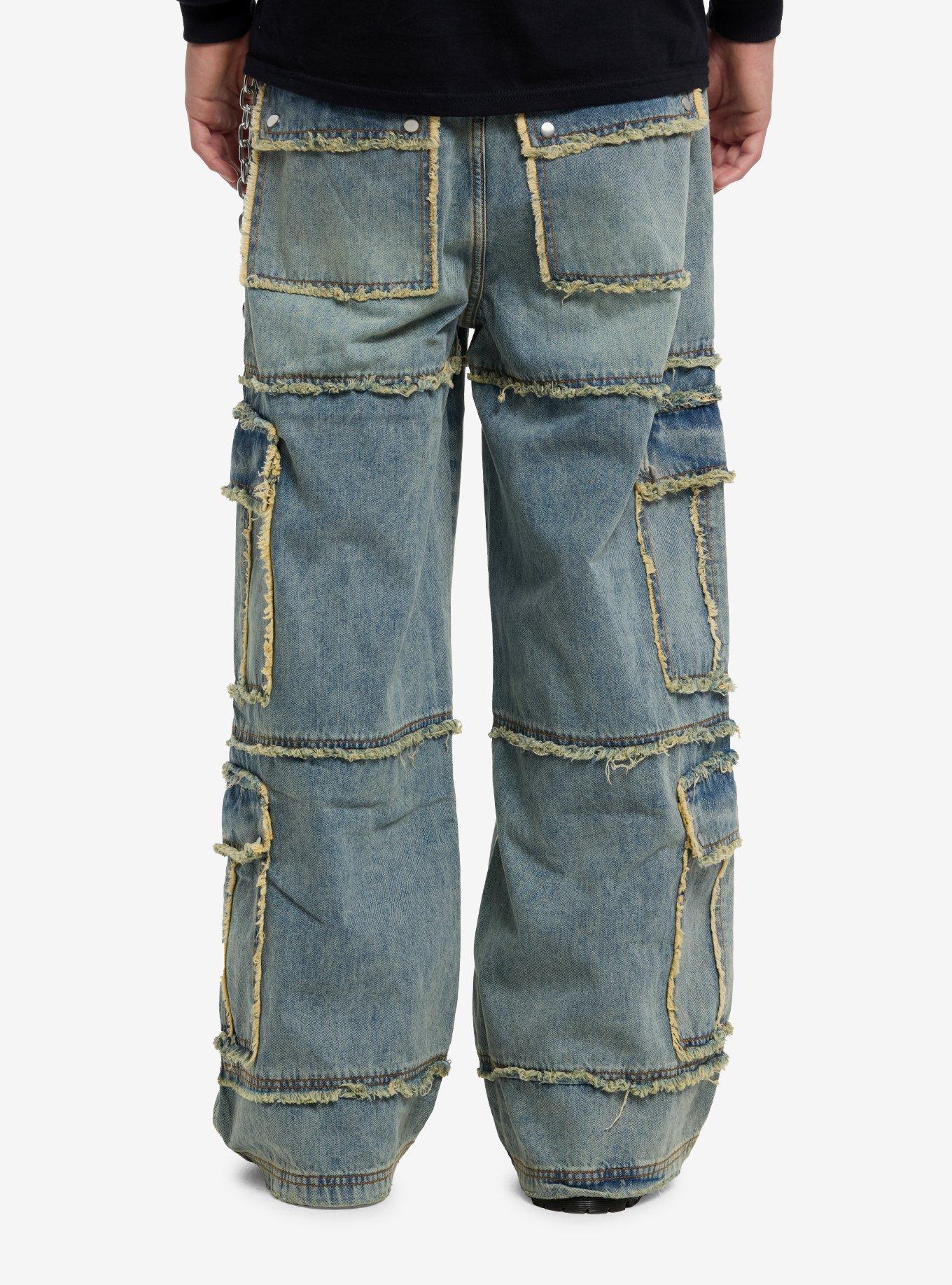 Raw Edge Light Indigo Wide Leg Cargo Jeans, , hi-res