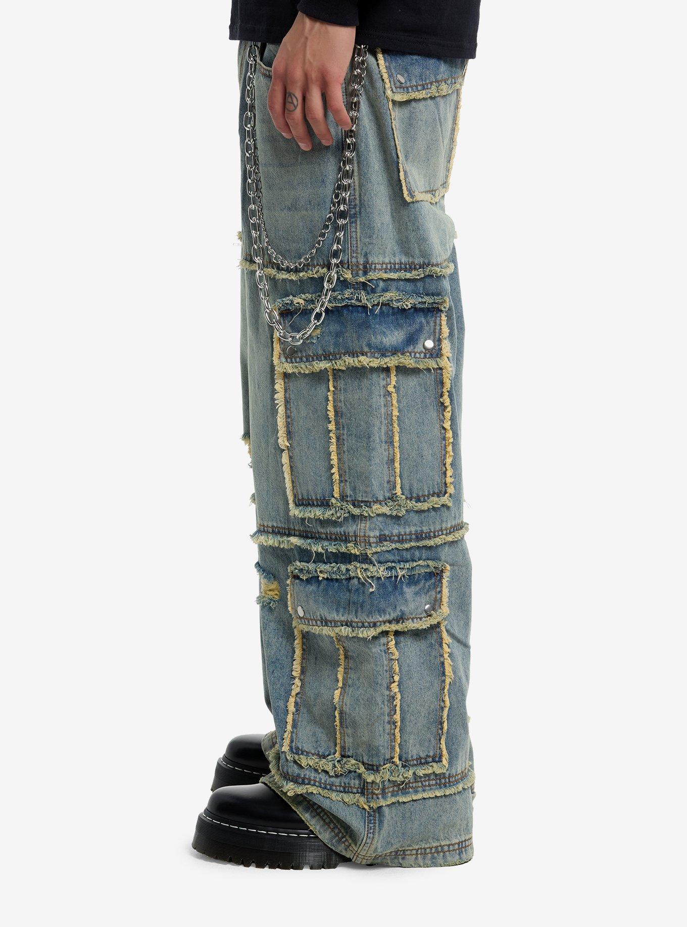 Raw Edge Light Indigo Wide Leg Cargo Jeans, GREY, alternate