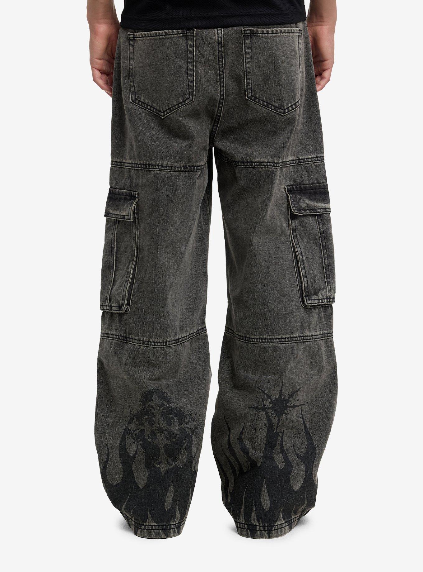 Grey Glames & Gothic Crosses Wide Leg Cargo Jeans, , hi-res