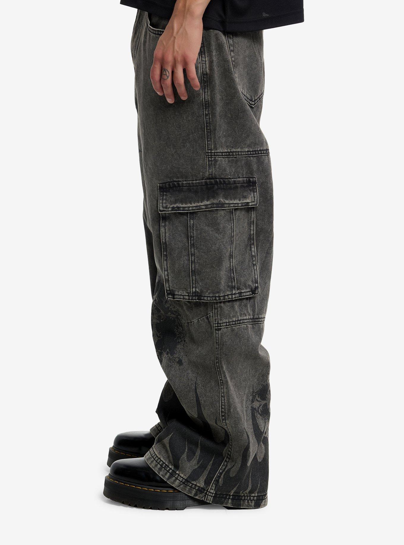 Grey Glames & Gothic Crosses Wide Leg Cargo Jeans, BLACK, alternate