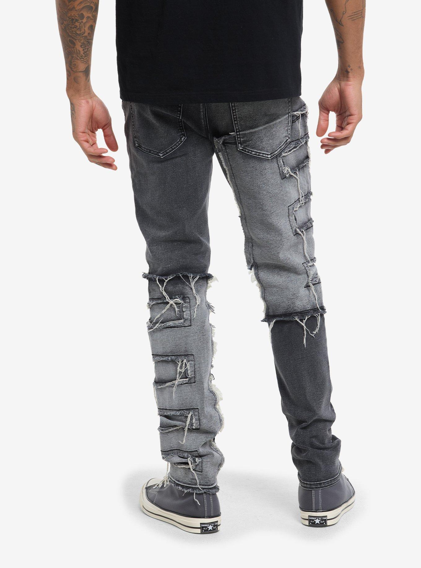Grey & Black Faded Wash Distressed Skinny Jeans, , hi-res