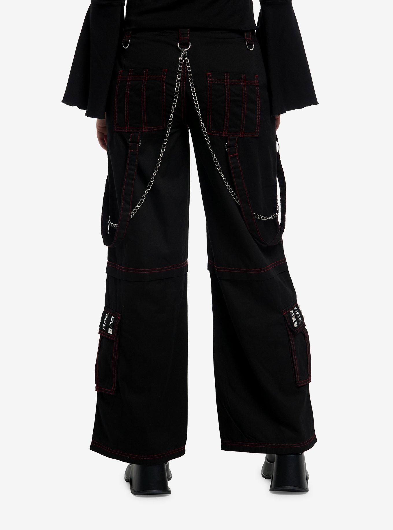 Black & Red Stitch Stud Chain Strap Cargo Pants, , hi-res