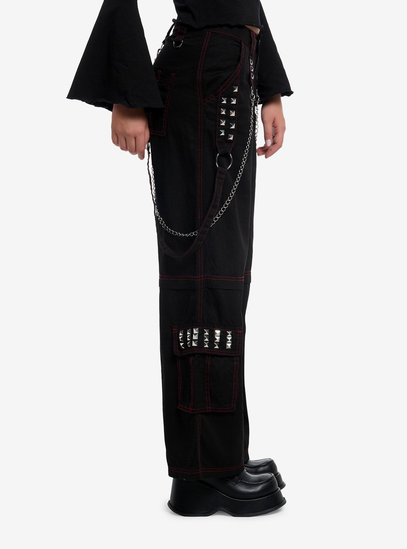 Black & Red Stitch Stud Chain Strap Cargo Pants, BLACK, alternate
