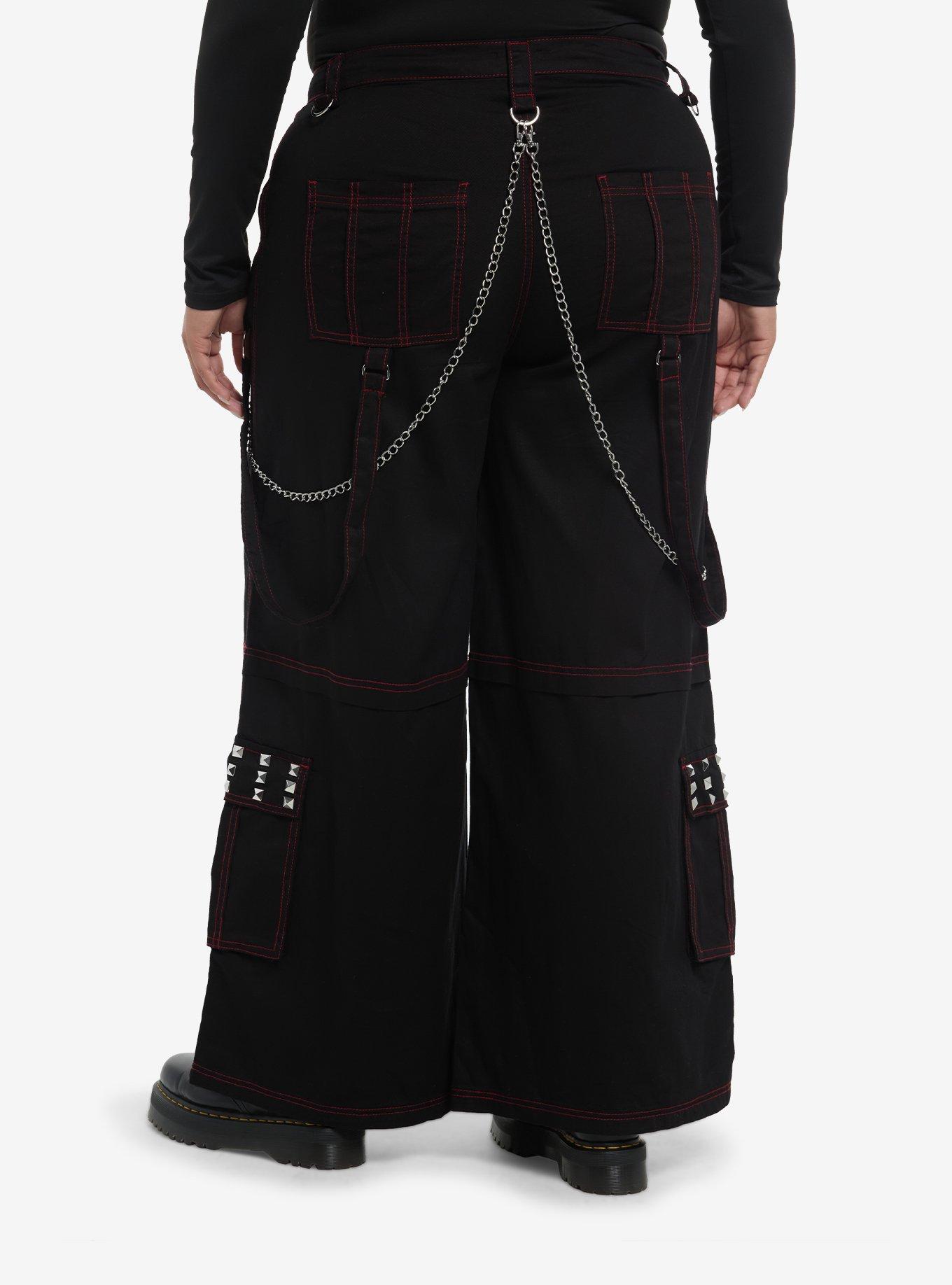 Black & Red Stitch Stud Chain Strap Cargo Pants Plus Size, , hi-res