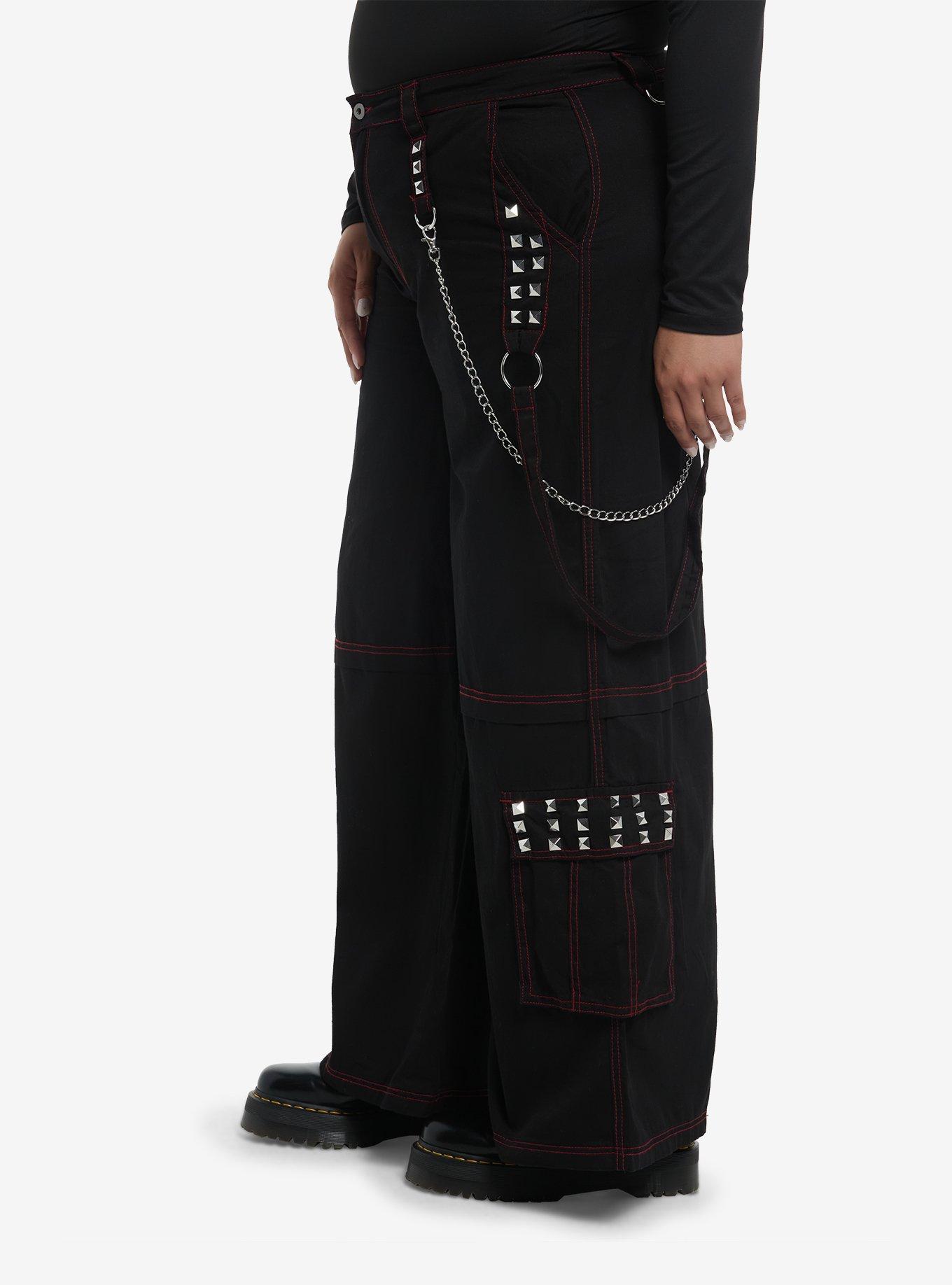Black & Red Stitch Stud Chain Strap Cargo Pants Plus Size, BLACK, alternate