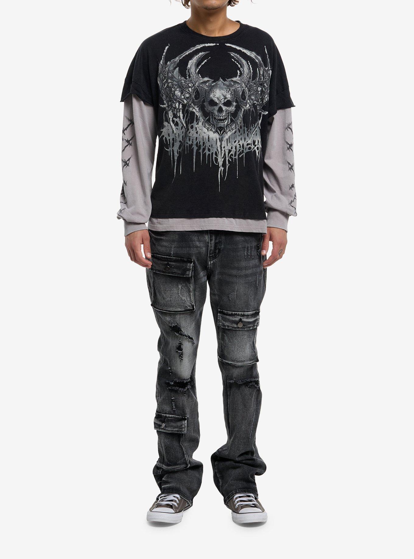 Skulls & Horns Twofer Long-Sleeve T-Shirt, BLACK, alternate