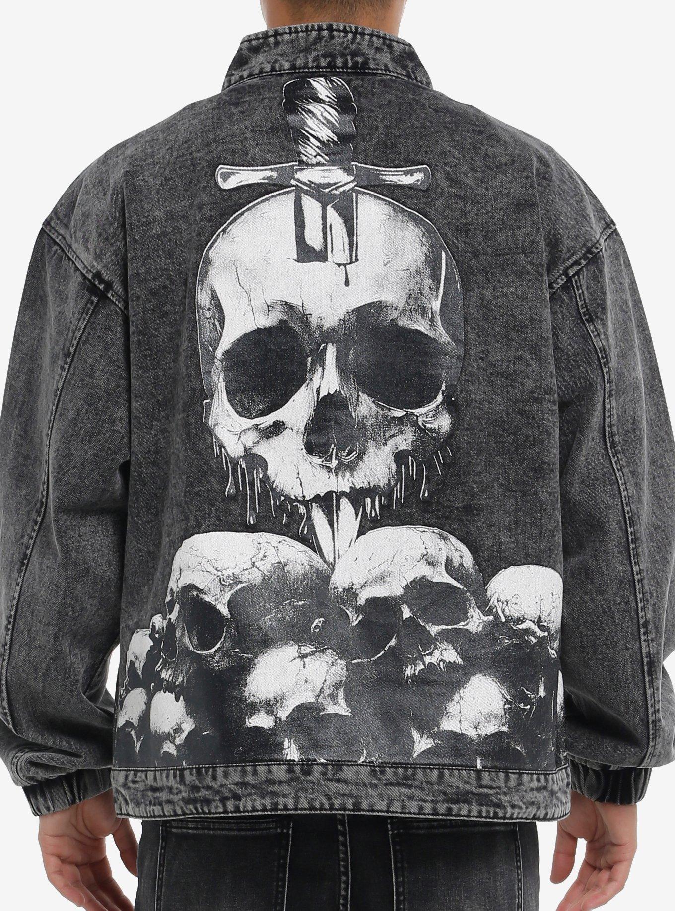 Pile Of Skulls Black Denim Moto Jacket, , hi-res