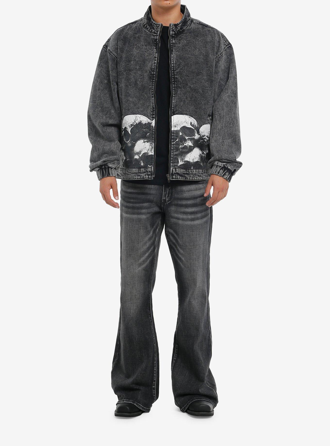 Pile Of Skulls Black Denim Moto Jacket, BLACK, alternate