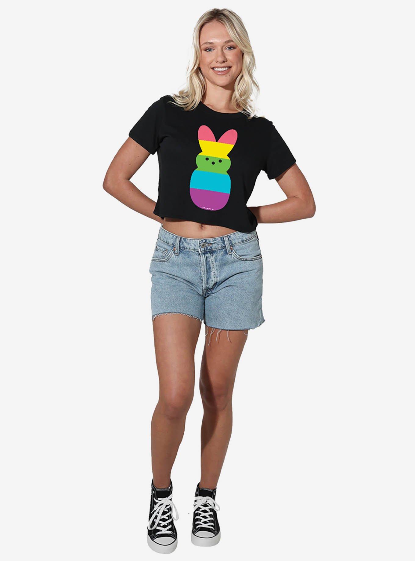 Peeps Rainbow Striped Easter Bunny Womens Crop Top, BLACK, alternate
