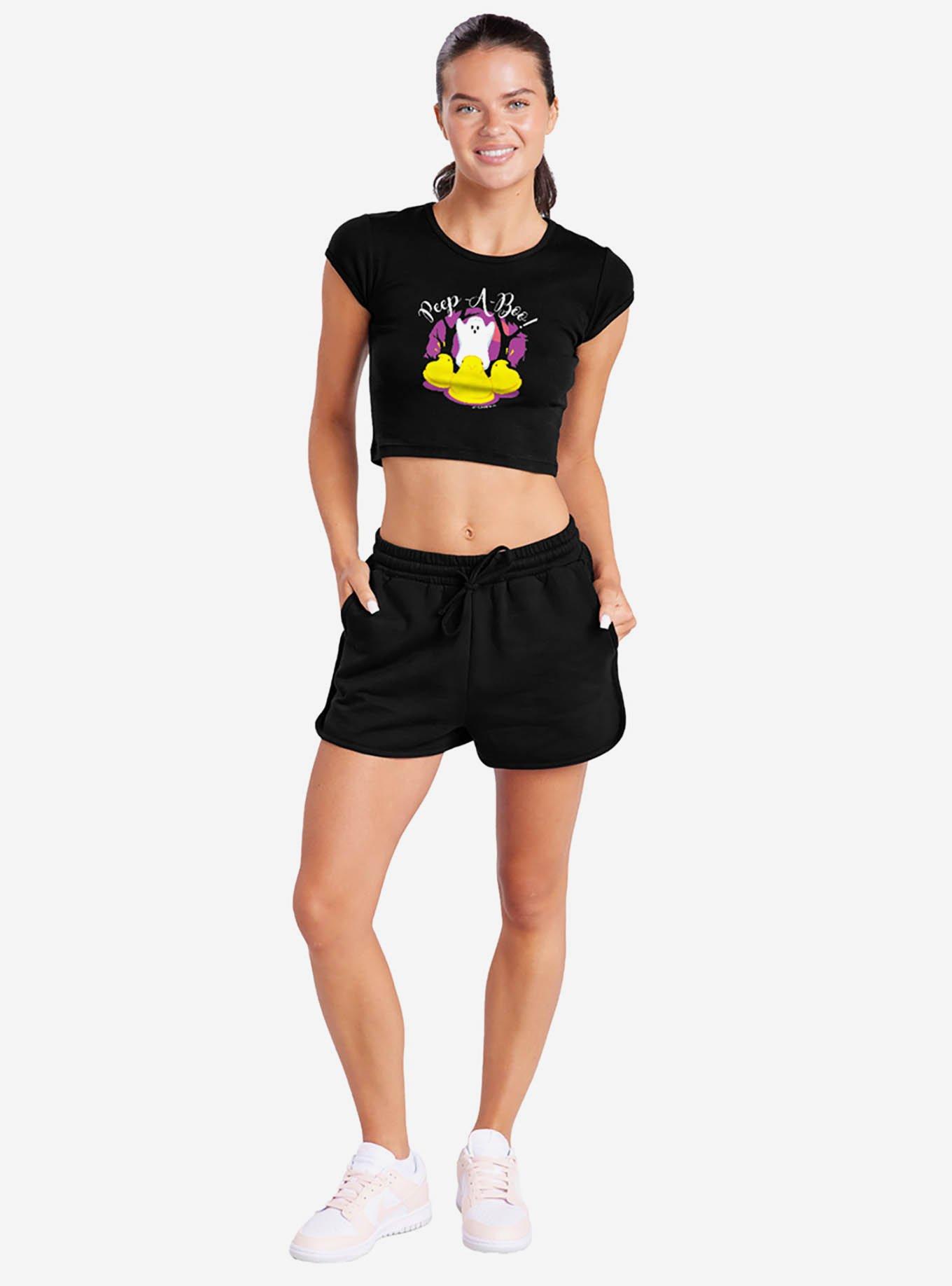 Peeps Peep-A-Boo Ghost Halloween Baby Rib Womens Crop Top, BLACK, alternate