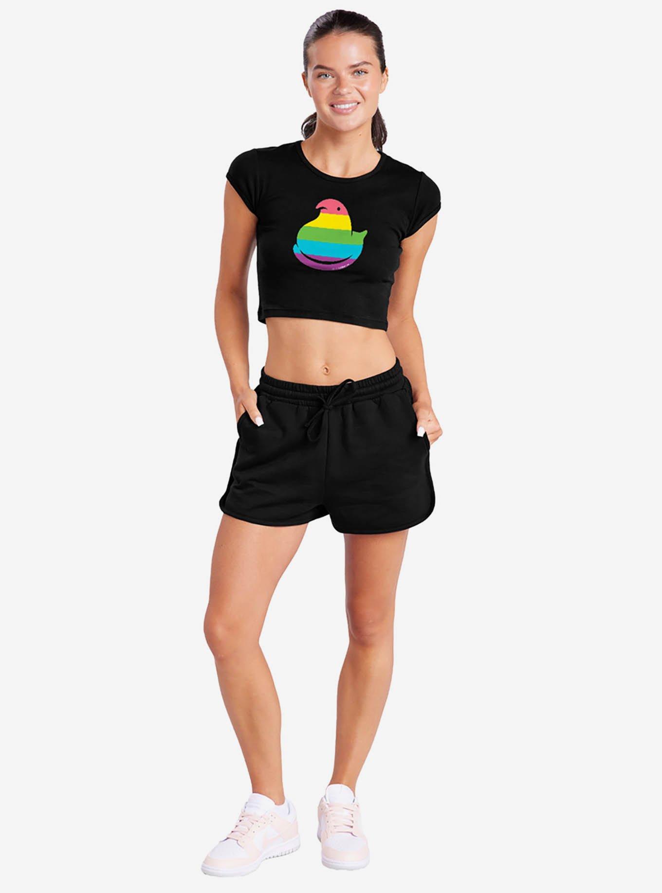 Peeps Rainbow Striped Easter Baby Rib Womens Crop Top, BLACK, alternate