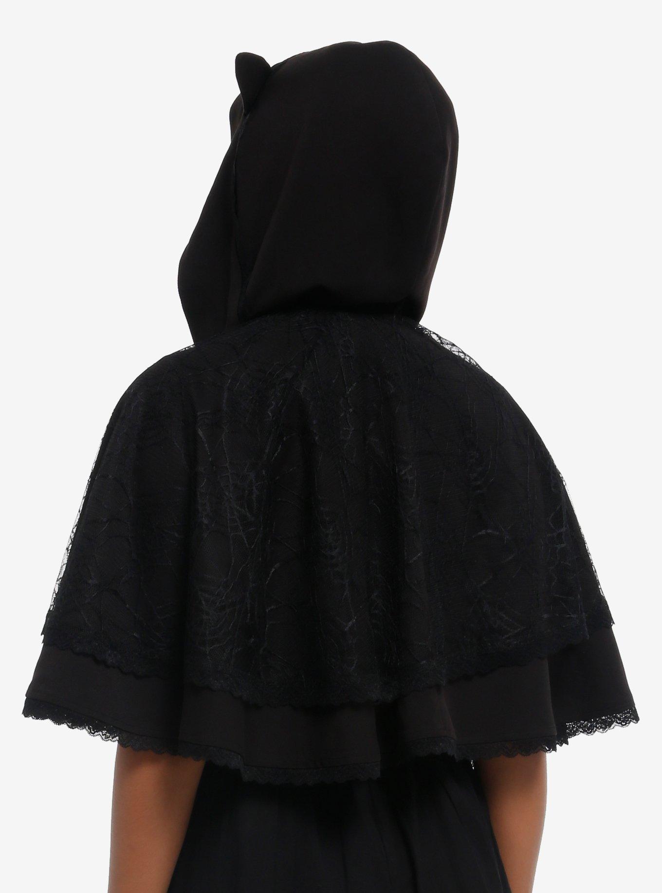 Cosmic Aura Spiderweb Lace Hooded Capelet, BLACK, alternate