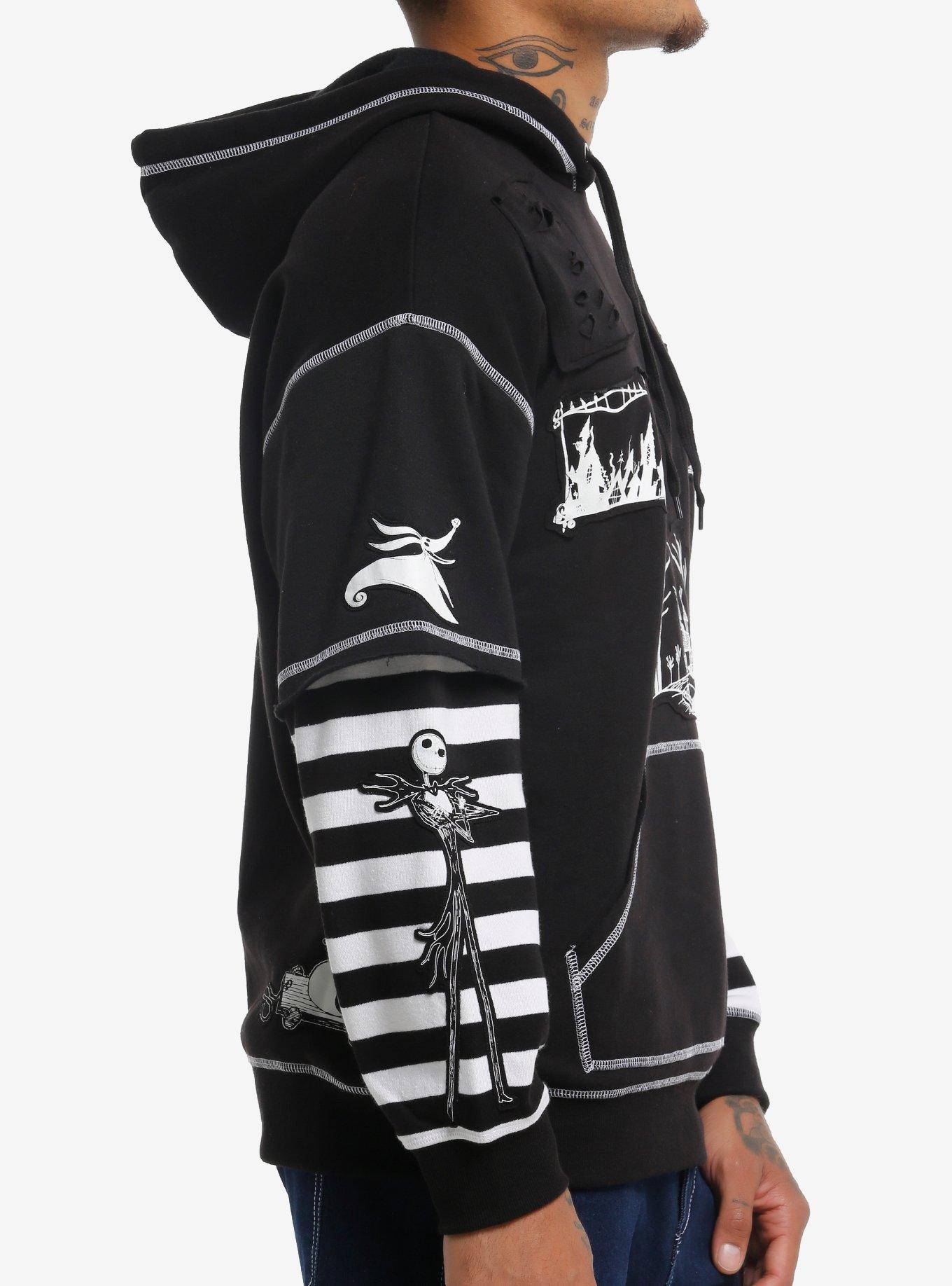 Our Universe The Nightmare Before Christmas Patch Stripe Twofer Hoodie, BLACK  WHITE, alternate