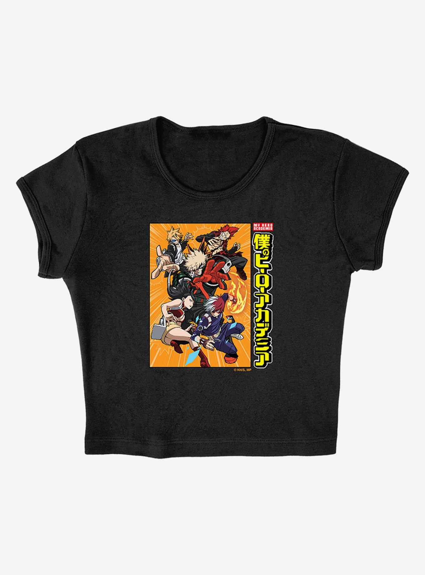My Hero Academia Striking Heroes Poster Cap Sleeve Baby Rib Women's Crop Top, BLACK, alternate