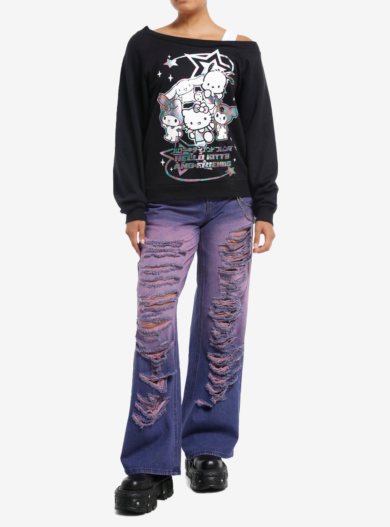Hello Kitty And Friends Holographic Group Off-The-Shoulder Girls Sweatshirt, , hi-res