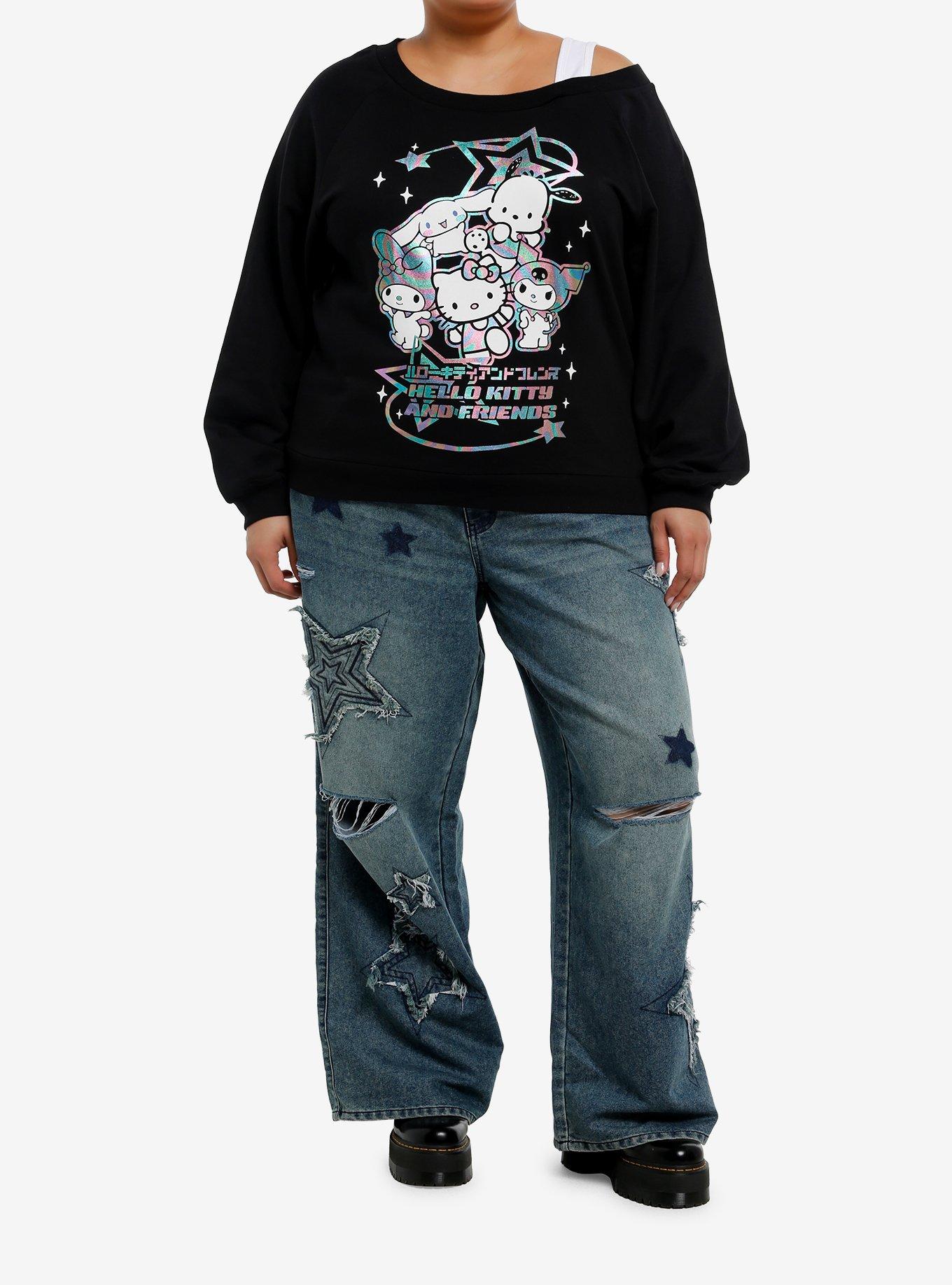 Hello Kitty And Friends Holographic Group Off-The-Shoulder Girls Sweatshirt Plus Size, , hi-res