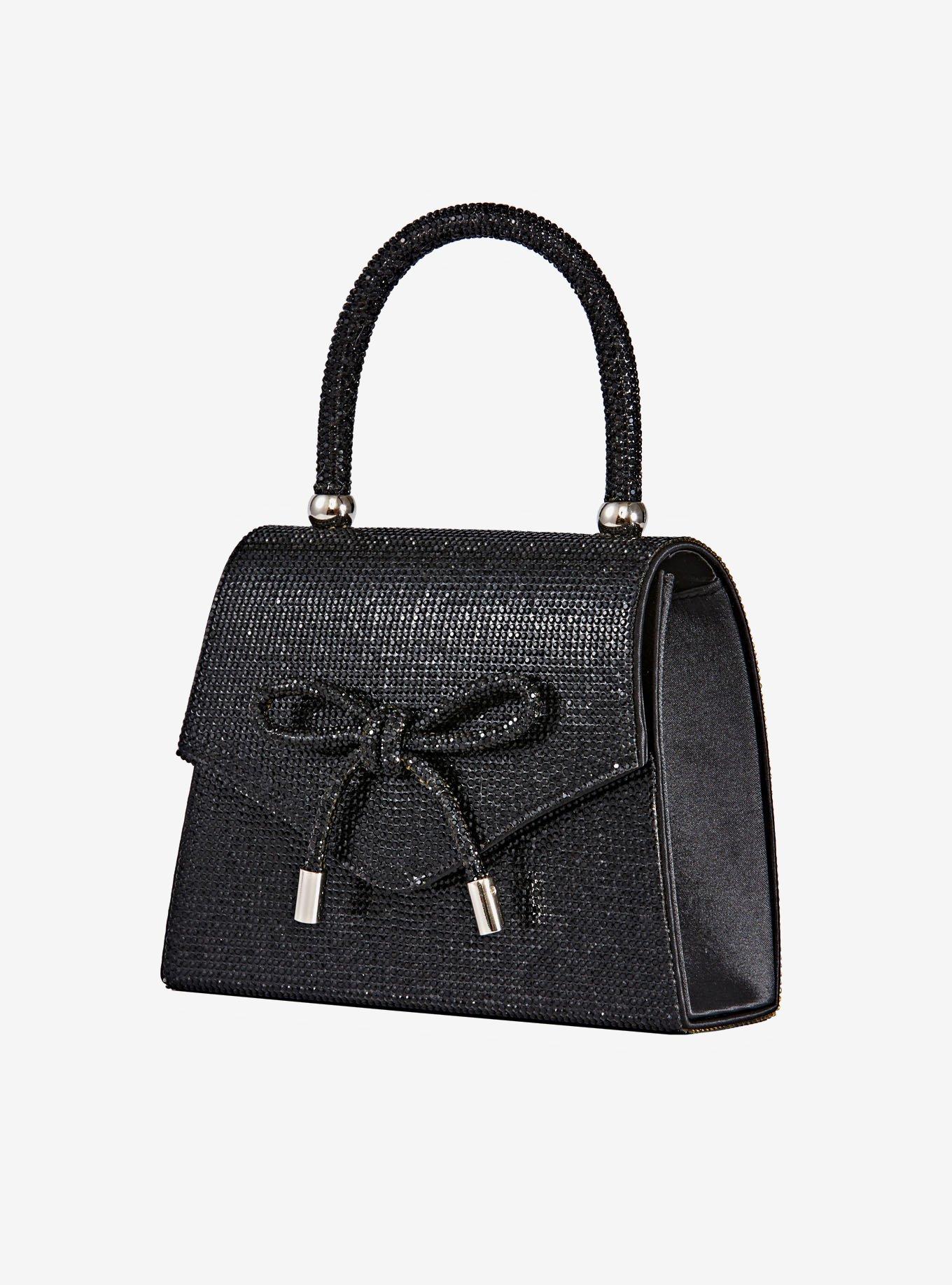Celina Rhinestone Covered Bow Clutch Bag Black, , hi-res