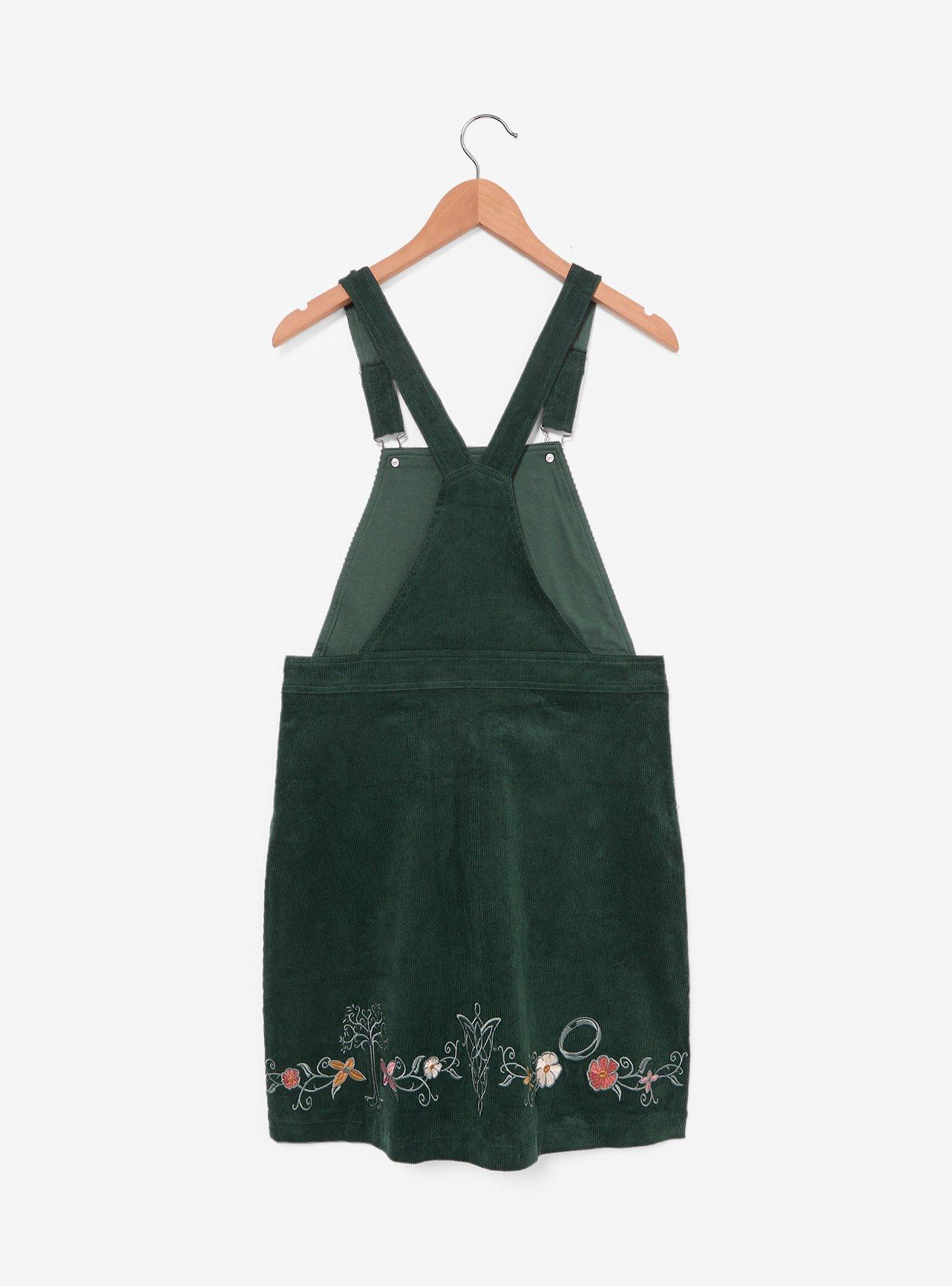 The Lord of the Rings Embroidered Icons Corduroy Overall Dress - BoxLunch Exclusive, DARK GREEN, alternate