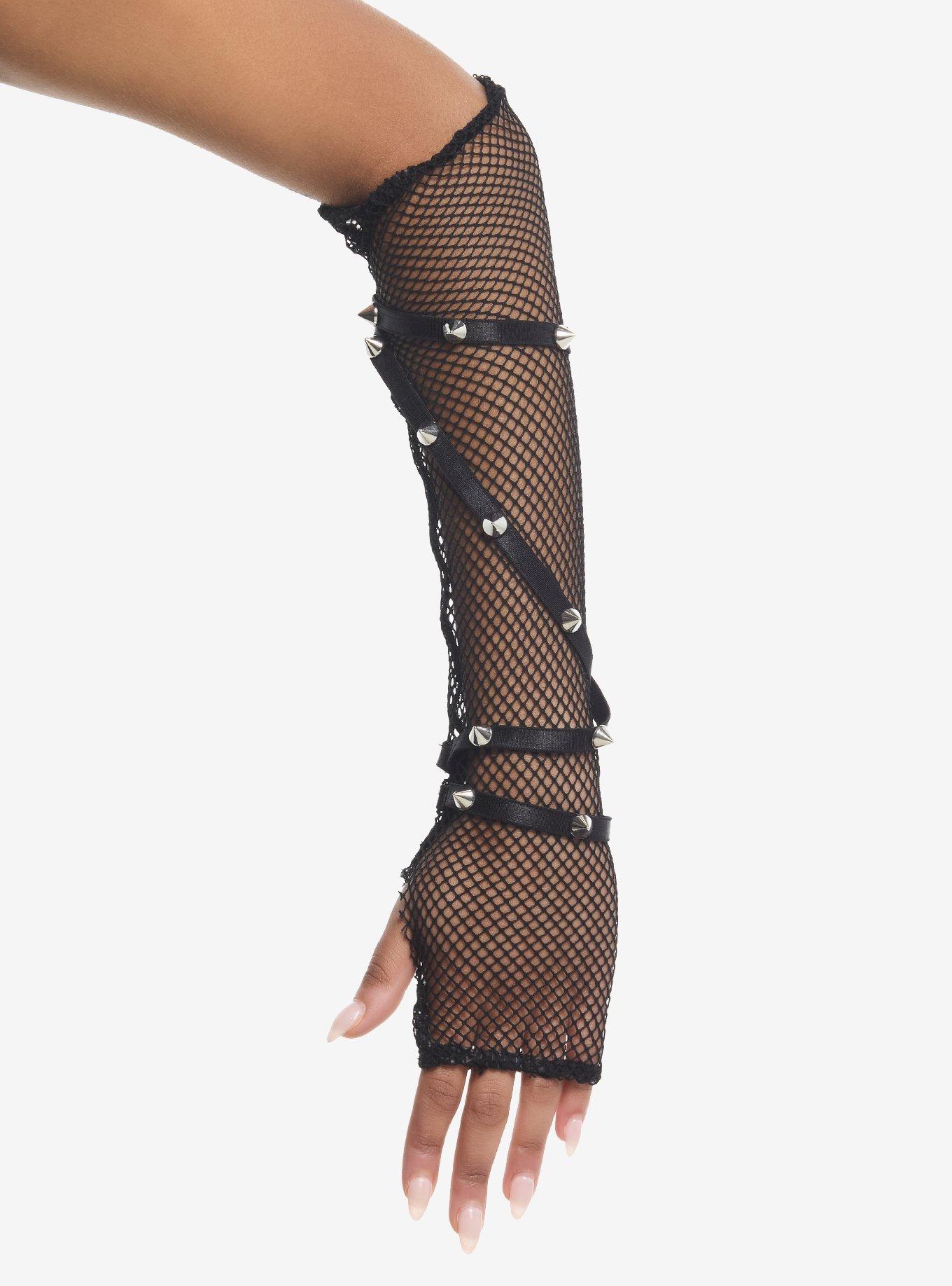 Black Spike Strap Fishnet Arm Warmers, , hi-res