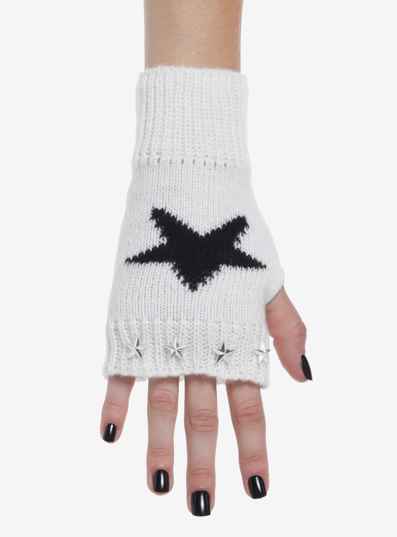 White & Black Star Stud Fingerless Gloves, , hi-res