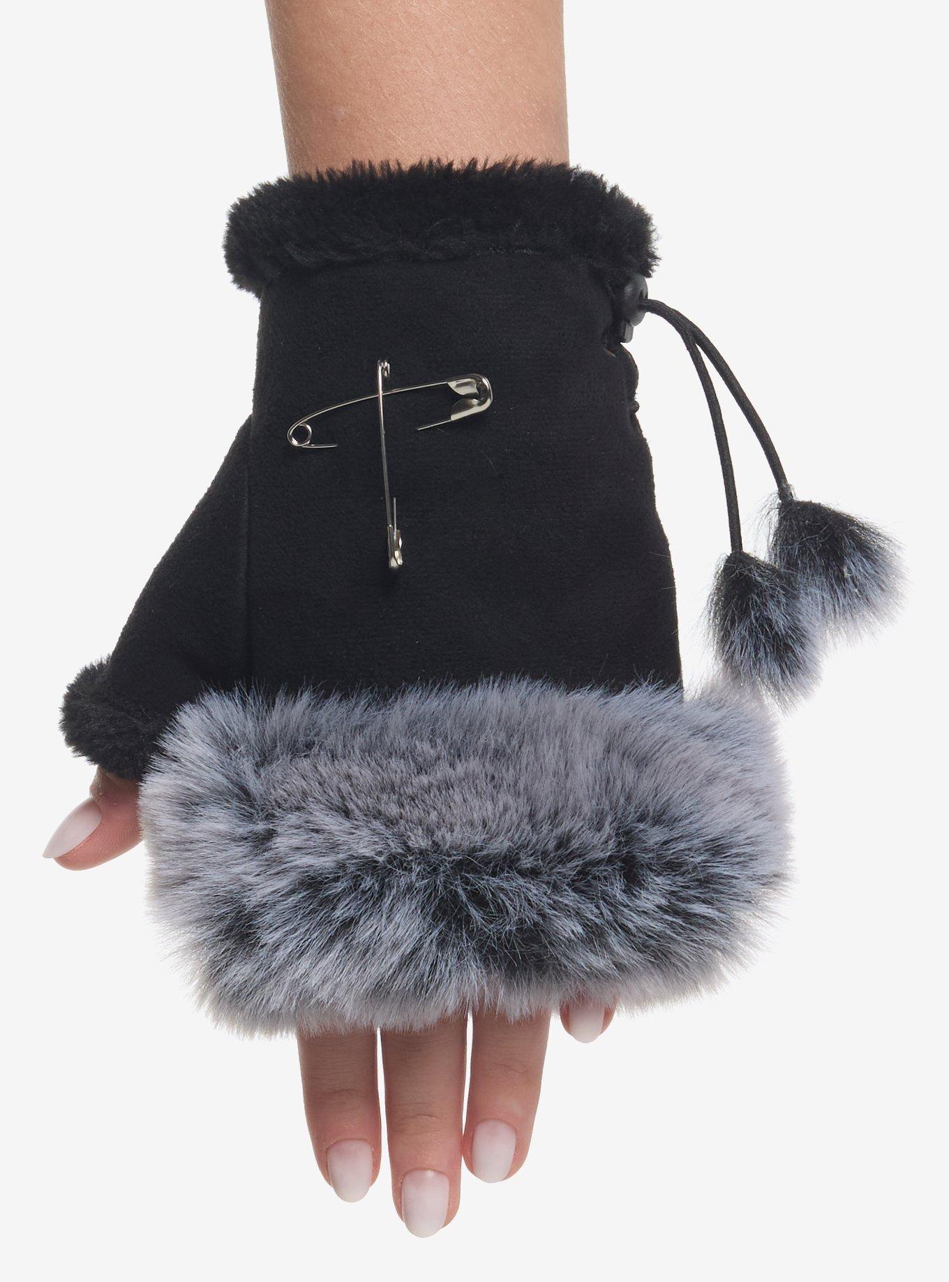 Fur Trim Pierced Short Fingerless Gloves, , hi-res