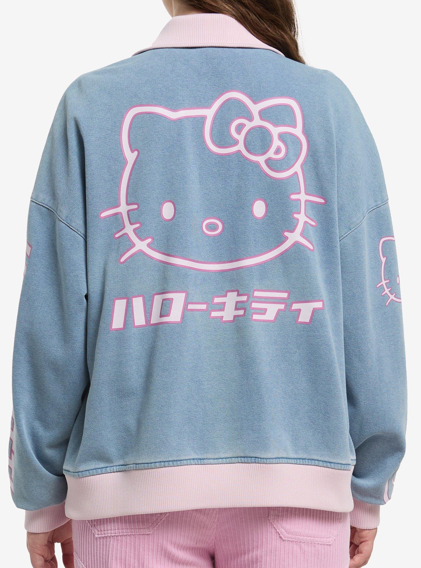 Hello Kitty Pink Trim Denim Girls Bomber Jacket, , hi-res