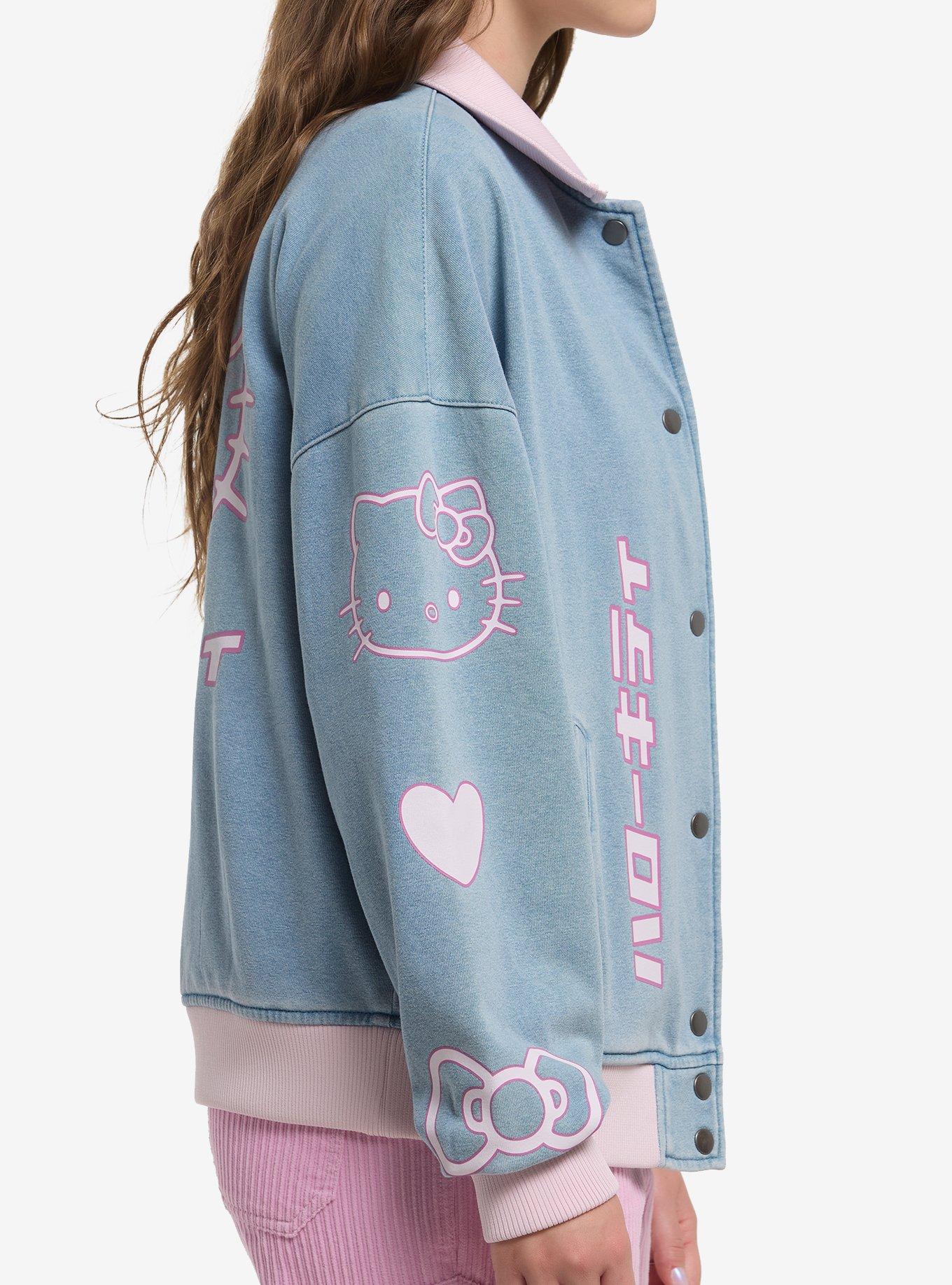 Hello Kitty Pink Trim Denim Girls Bomber Jacket, PINK, alternate