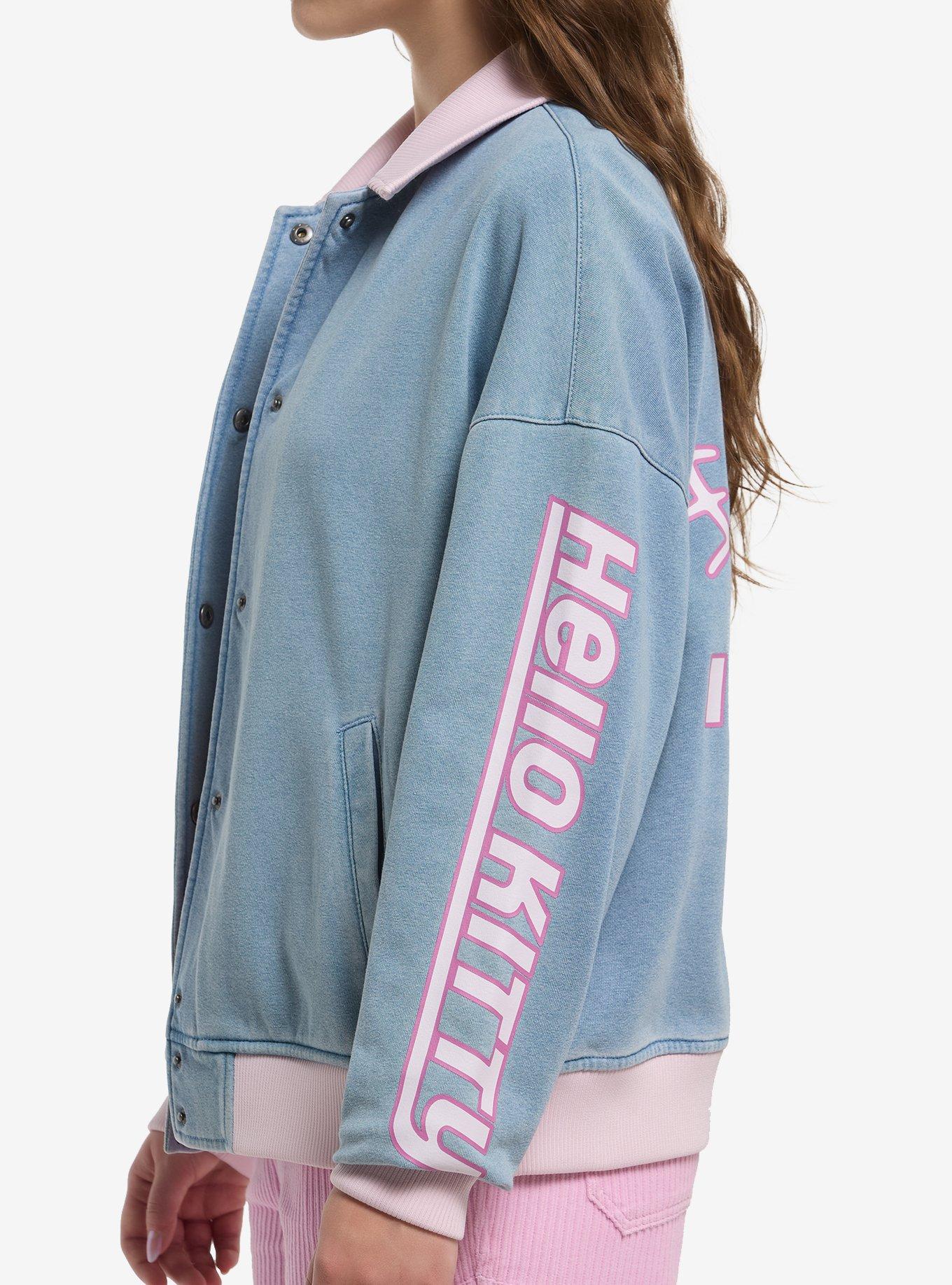 Hello Kitty Pink Trim Denim Girls Bomber Jacket, PINK, alternate