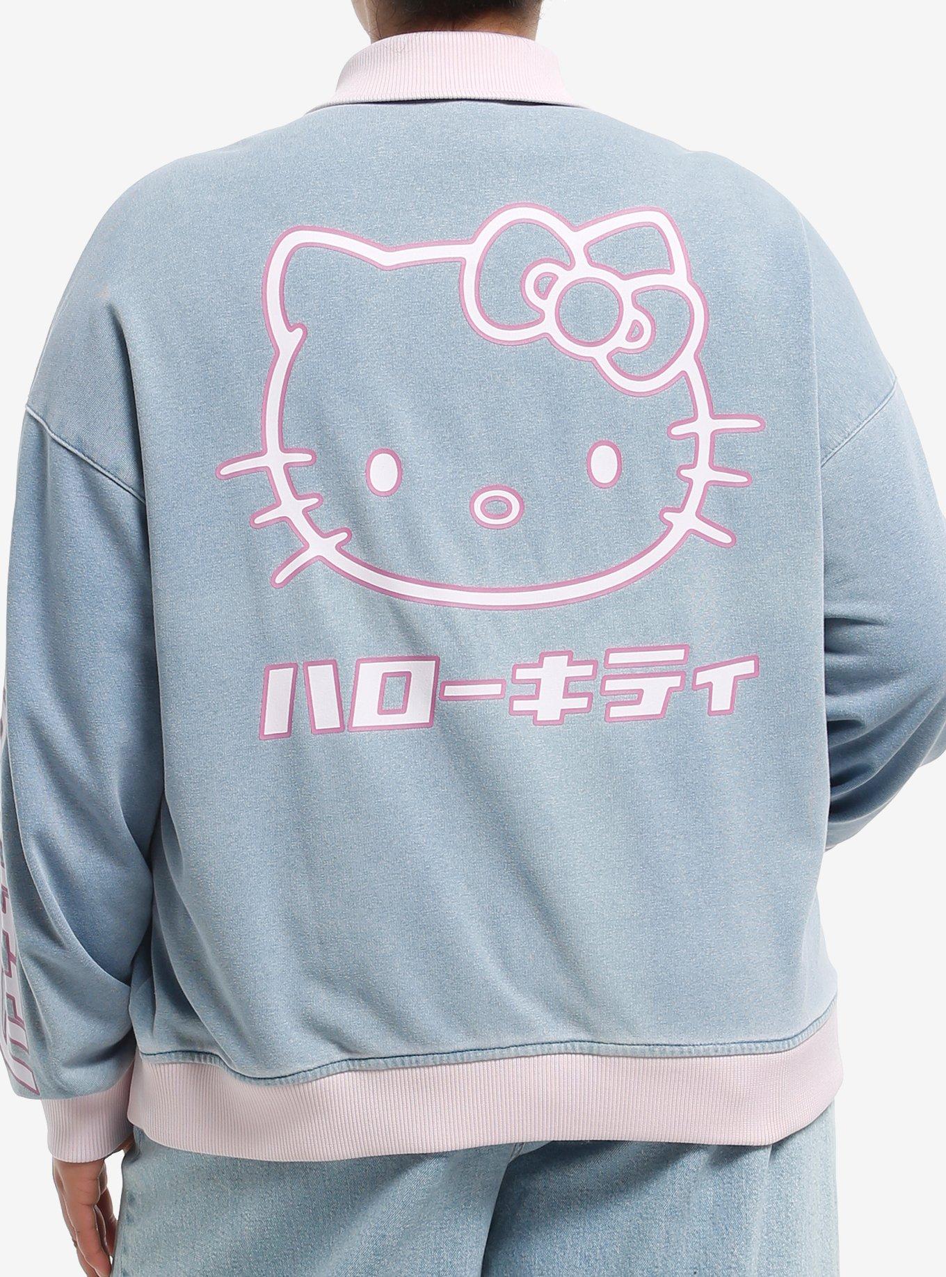 Hello Kitty Pink Trim Denim Girls Bomber Jacket Plus Size, , hi-res