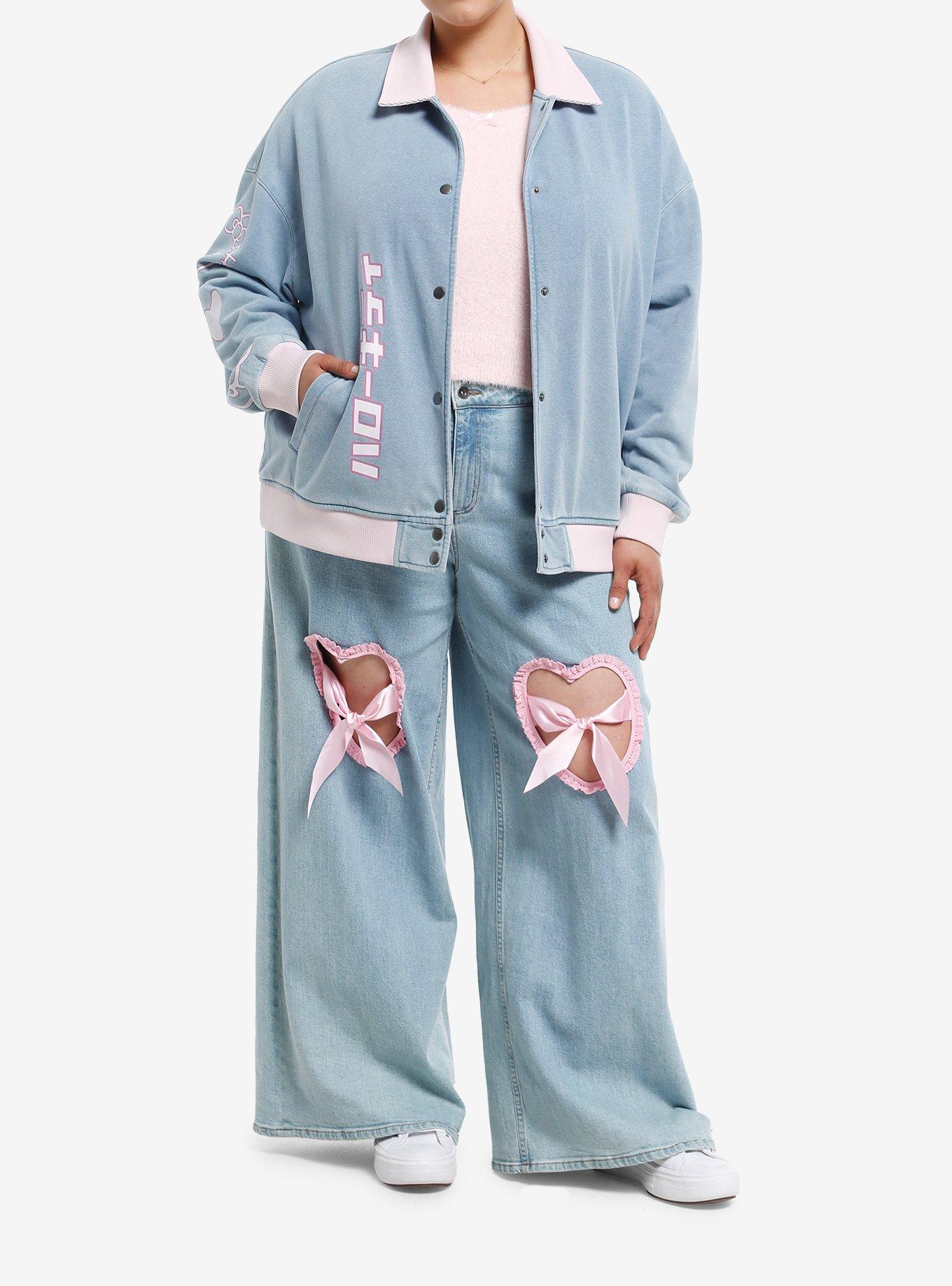 Hello Kitty Pink Trim Denim Girls Bomber Jacket Plus Size, PINK, alternate