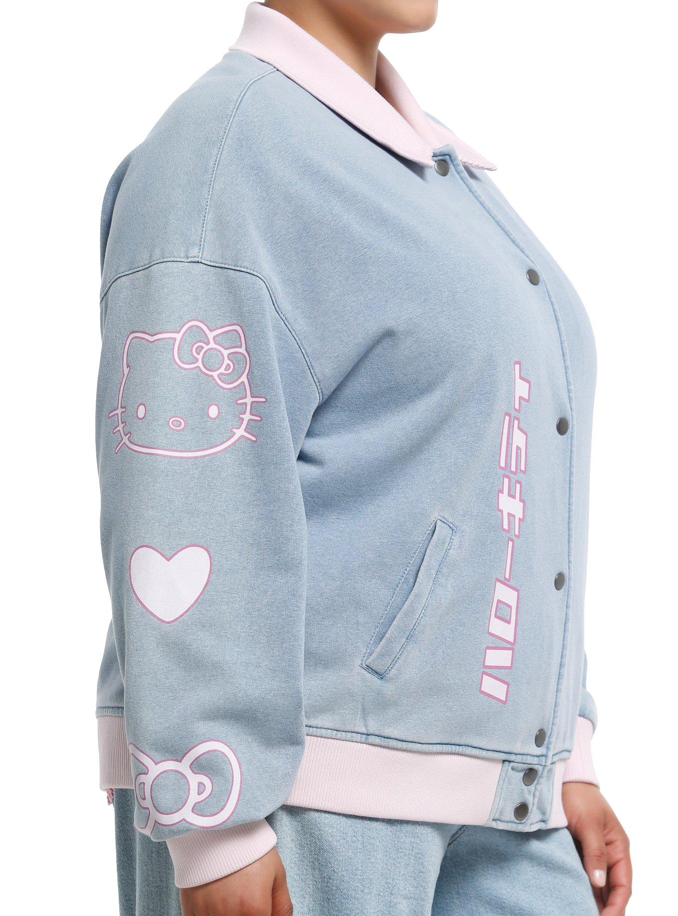 Hello Kitty Pink Trim Denim Girls Bomber Jacket Plus Size, PINK, alternate