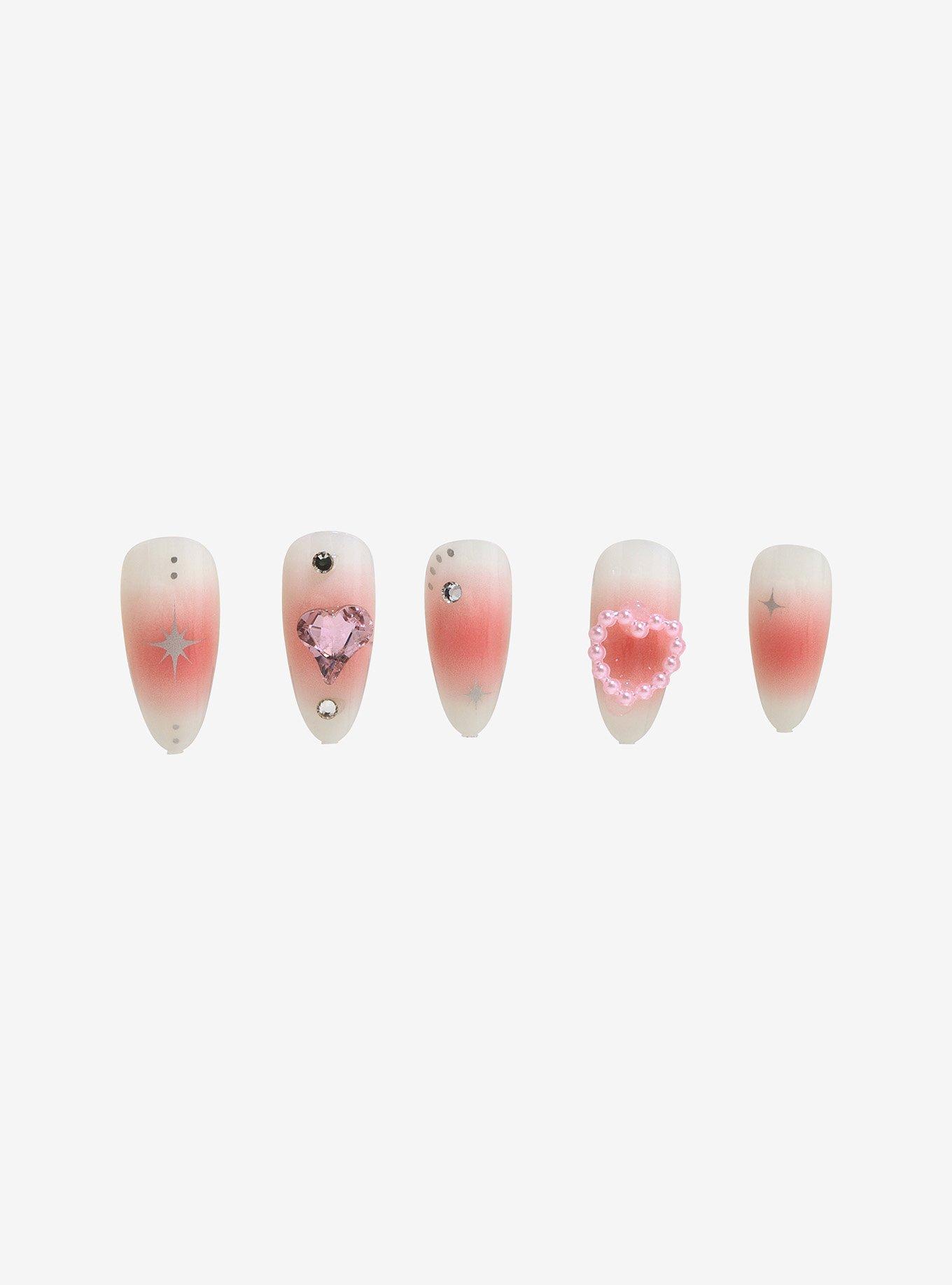 Pink Ombre Jewel Heart Press-On Nail Set, , alternate