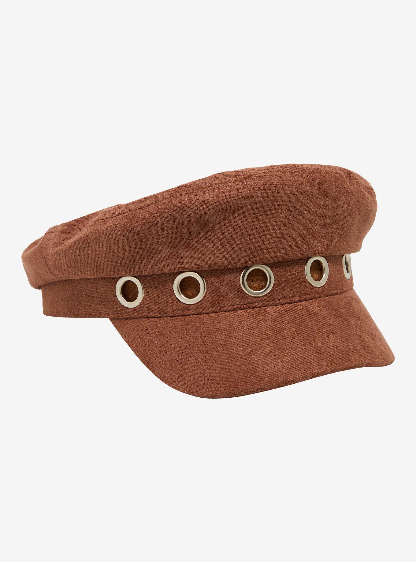 Brown Faux Suede Grommet Cabbie Hat, , alternate