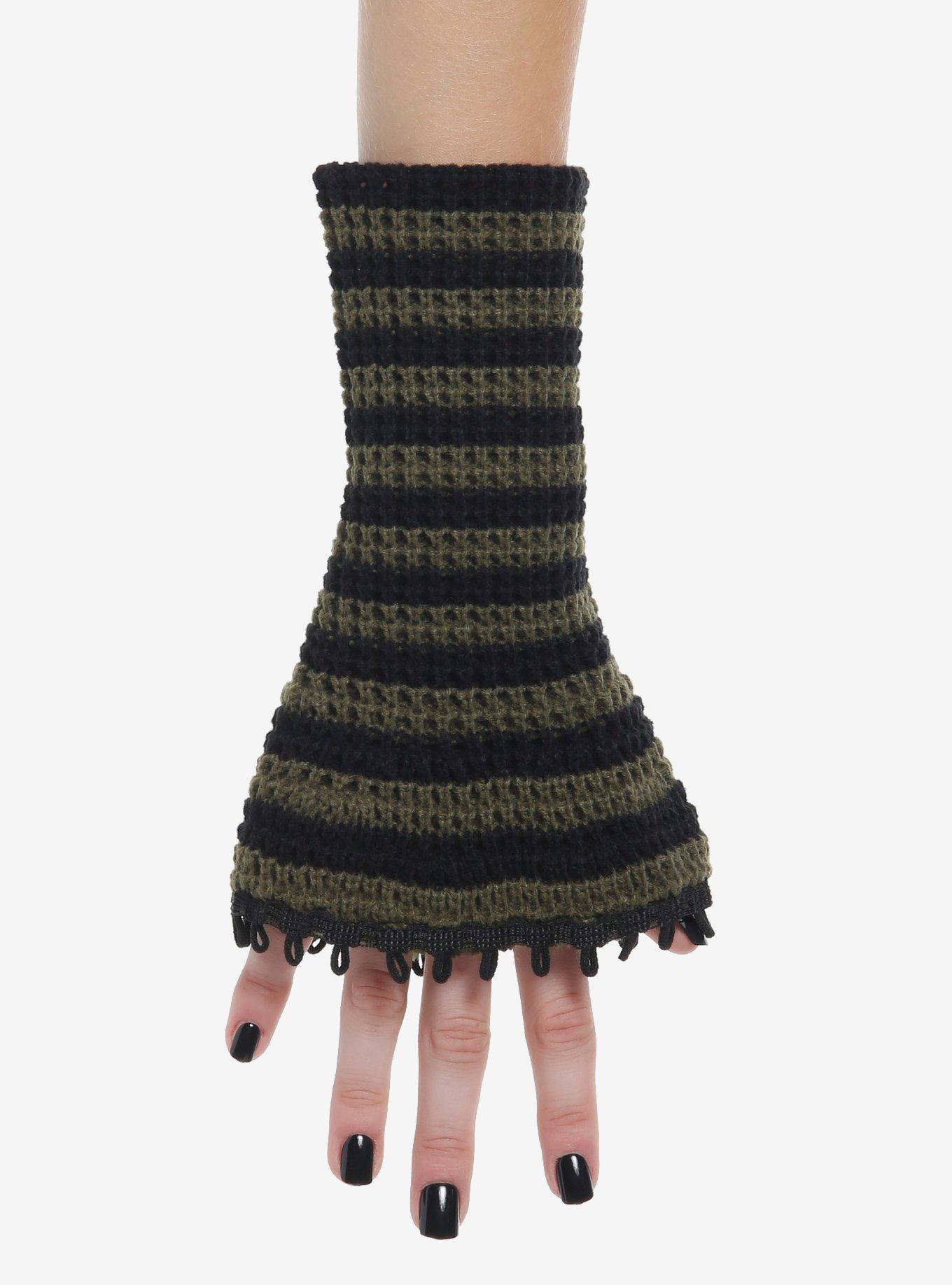 Green & Black Stripe Flare Knit Arm Warmers, , hi-res