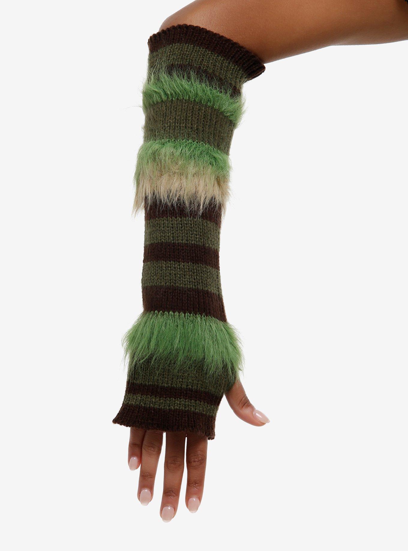 Green Striped Fuzzy Tier Arm Warmers, , hi-res