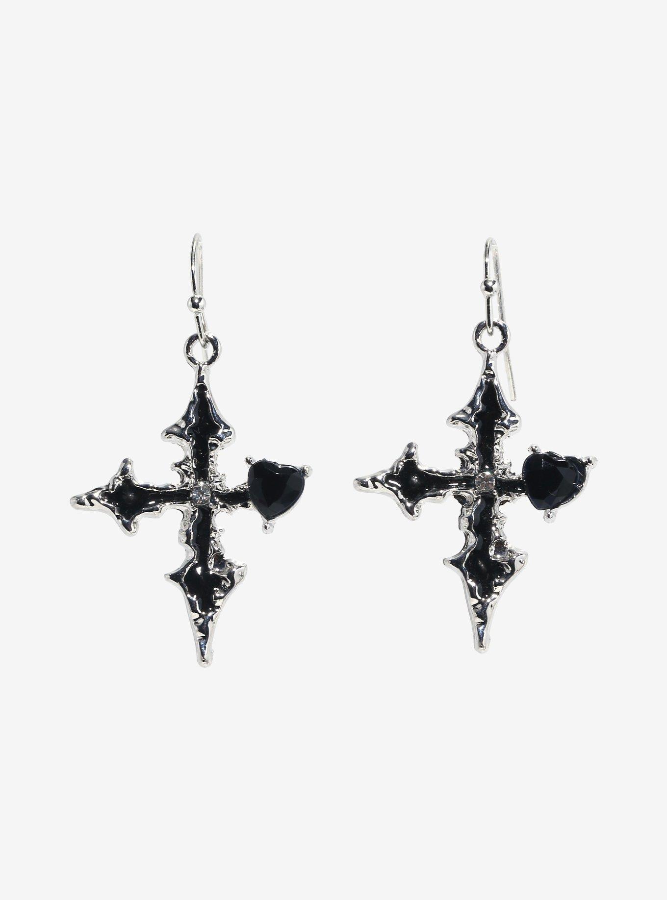 Heart Gem Gothic Cross Earrings, , hi-res