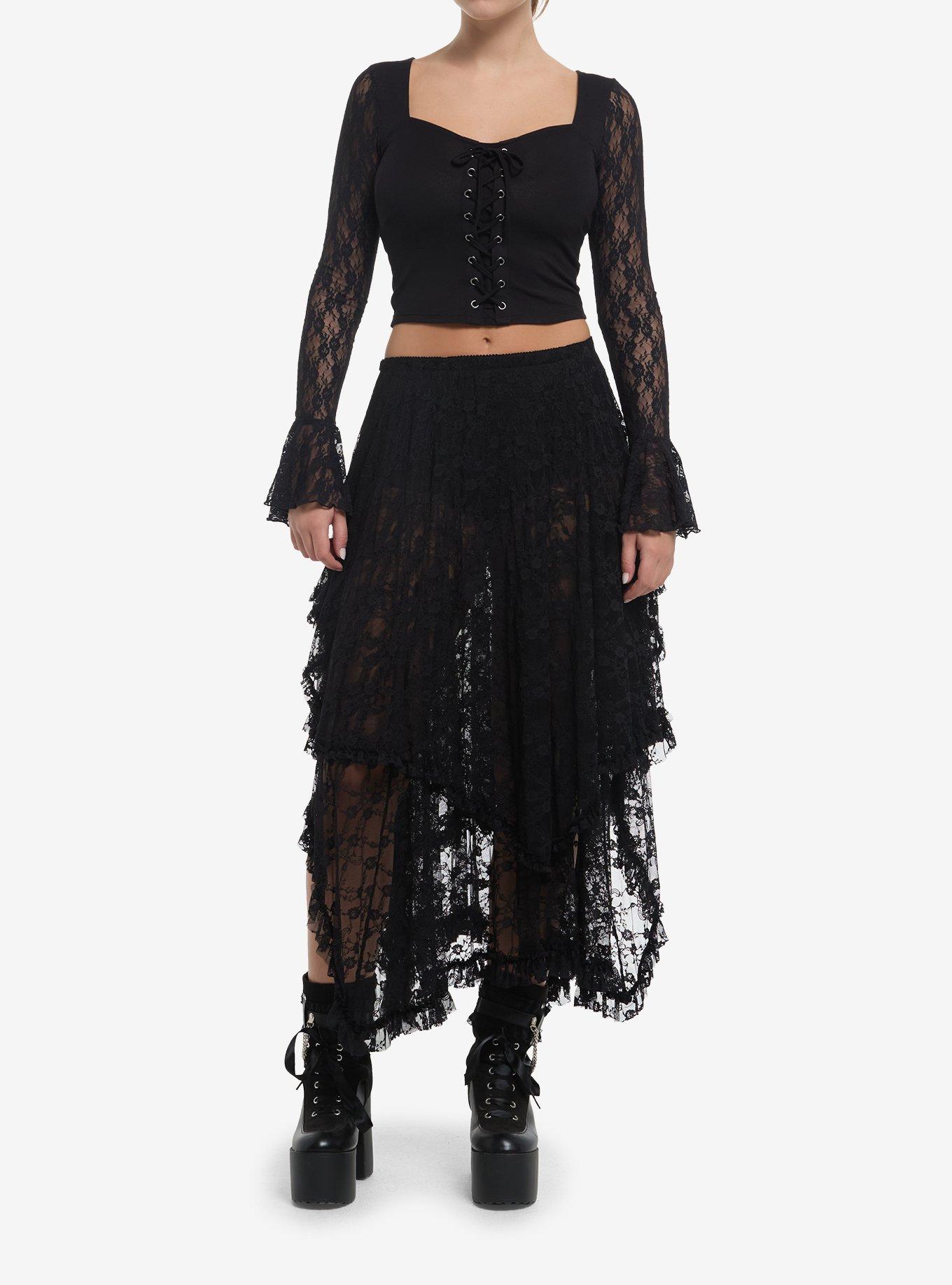 Cosmic Aura Black Lace-Up Girls Crop Ruffle Long-Sleeve Top, , hi-res