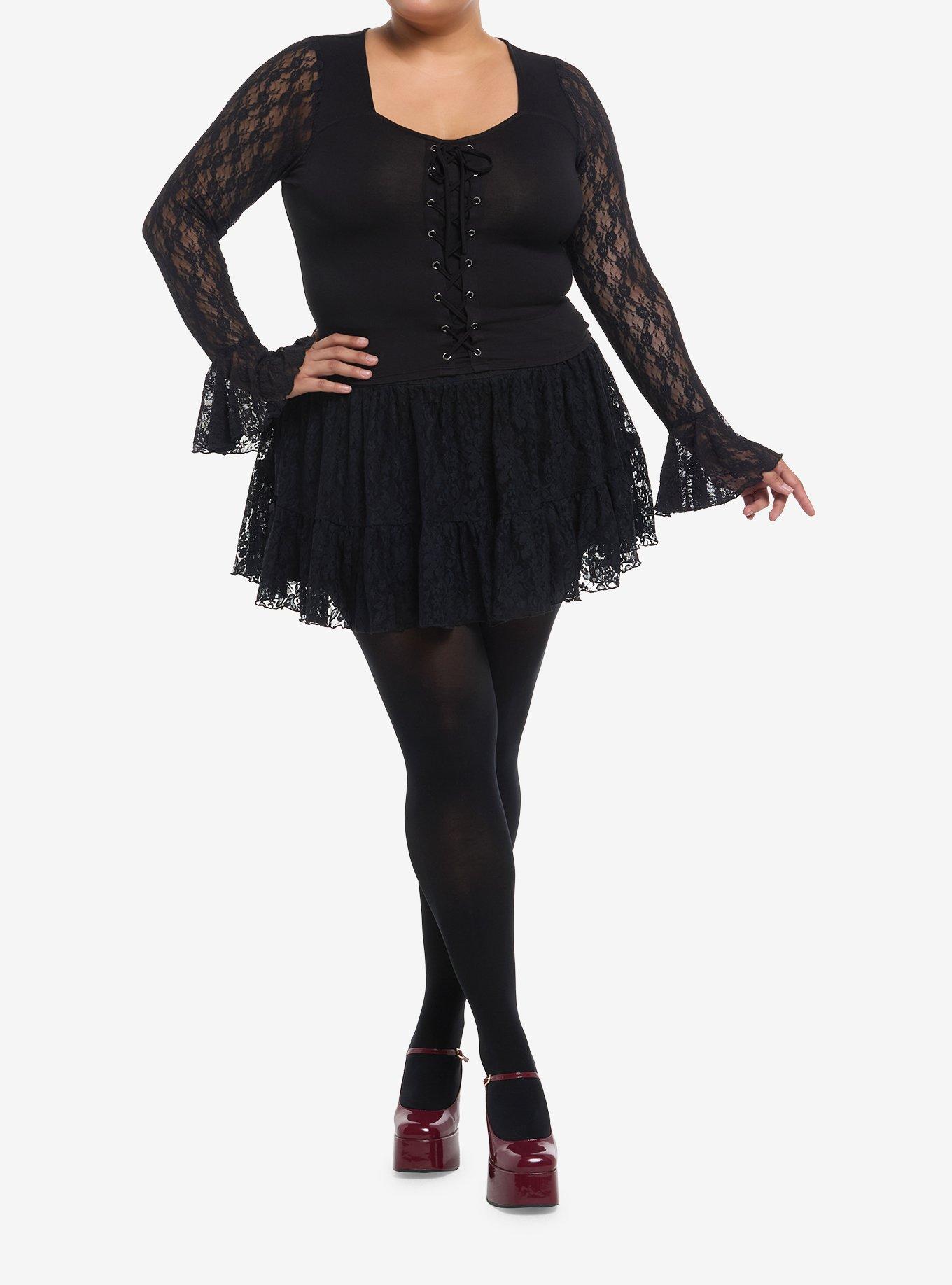 Cosmic Aura Black Lace-Up Girls Crop Ruffle Long-Sleeve Top Plus Size, BLACK, alternate