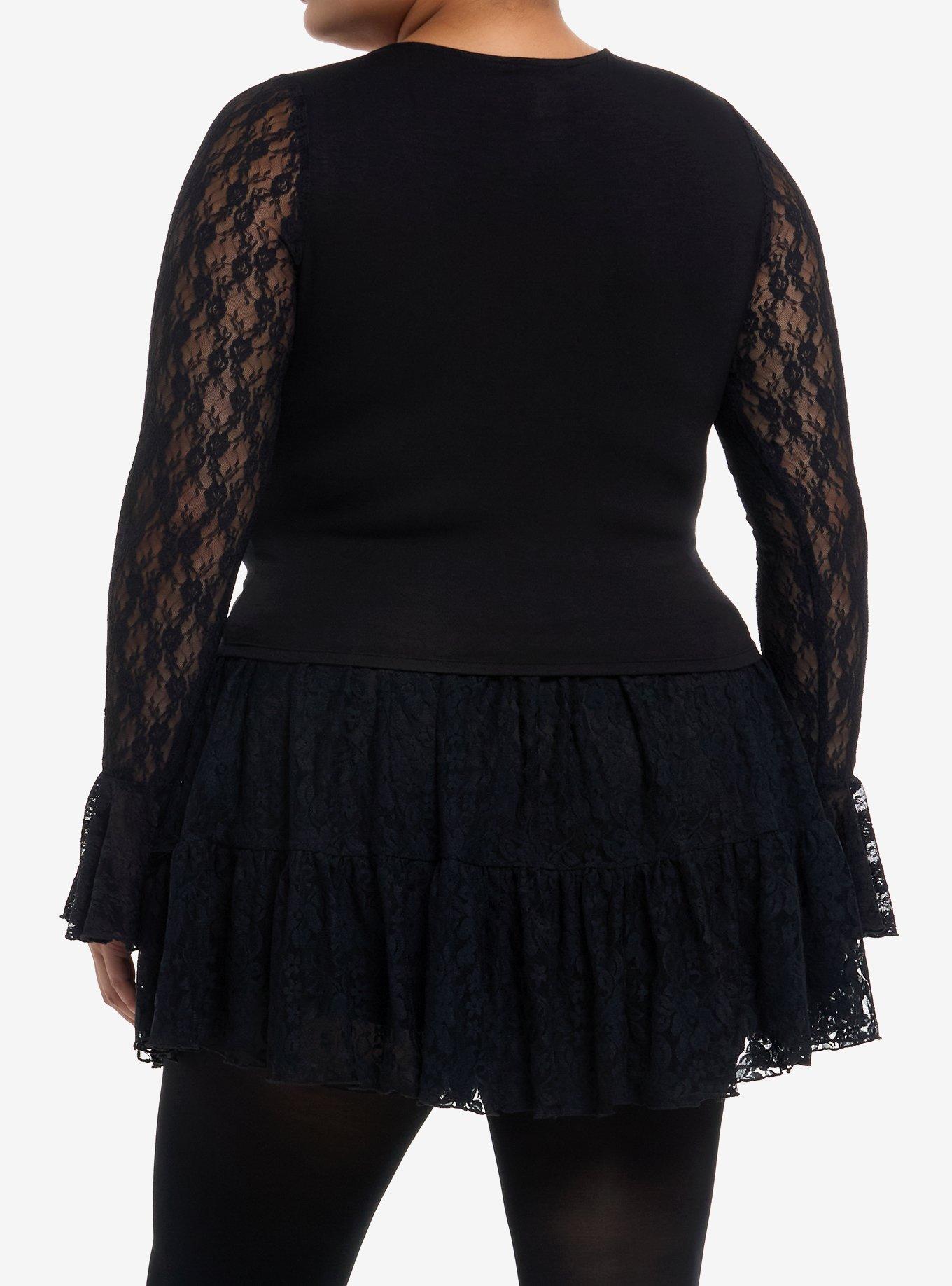 Cosmic Aura Black Lace-Up Girls Crop Ruffle Long-Sleeve Top Plus Size, BLACK, alternate