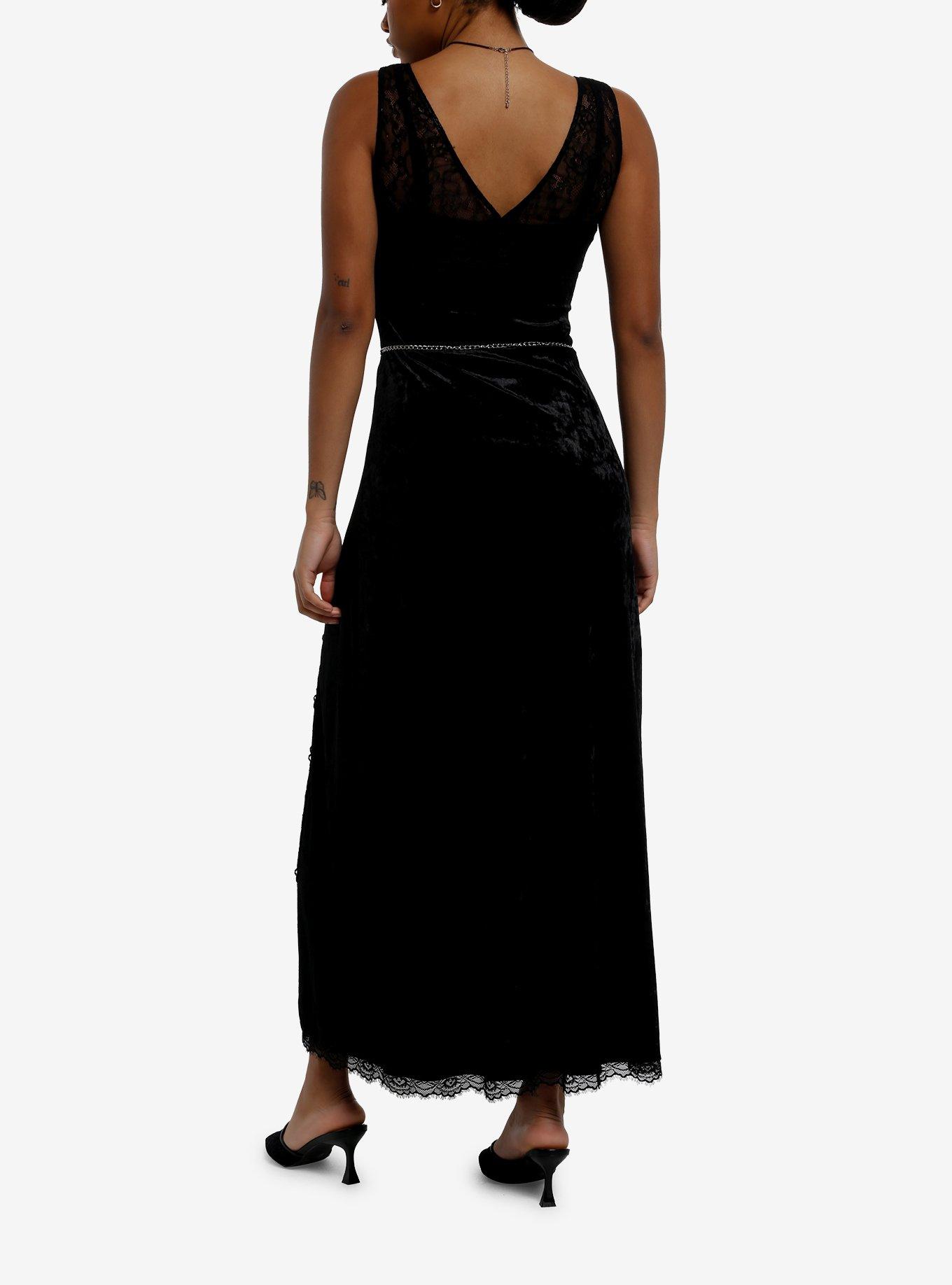 Cosmic Aura Black Velvet Moon Chain Slit Maxi Dress, , hi-res