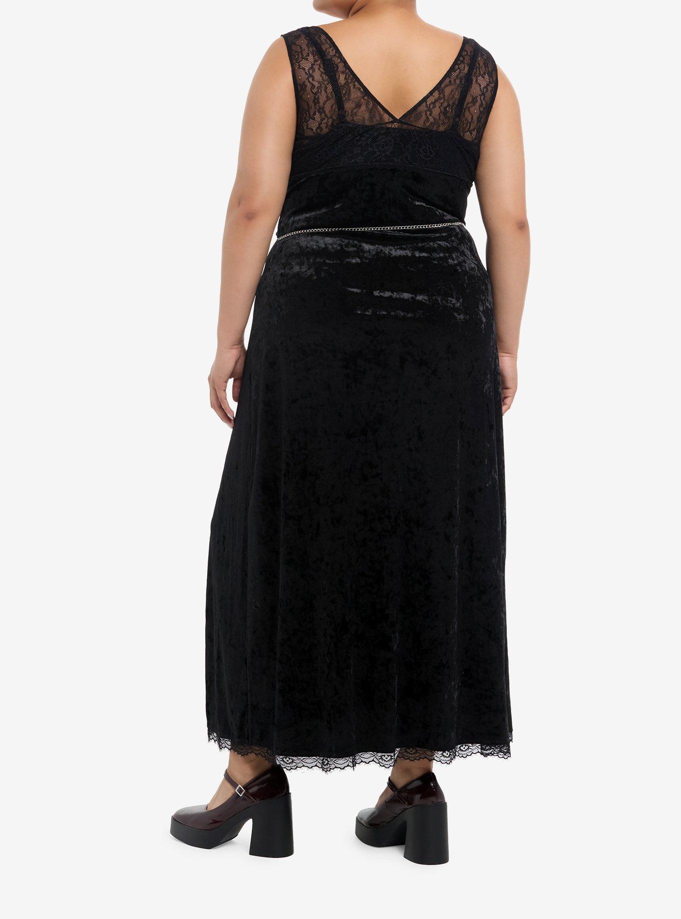 Cosmic Aura Black Velvet Moon Chain Slit Maxi Dress Plus Size, , hi-res