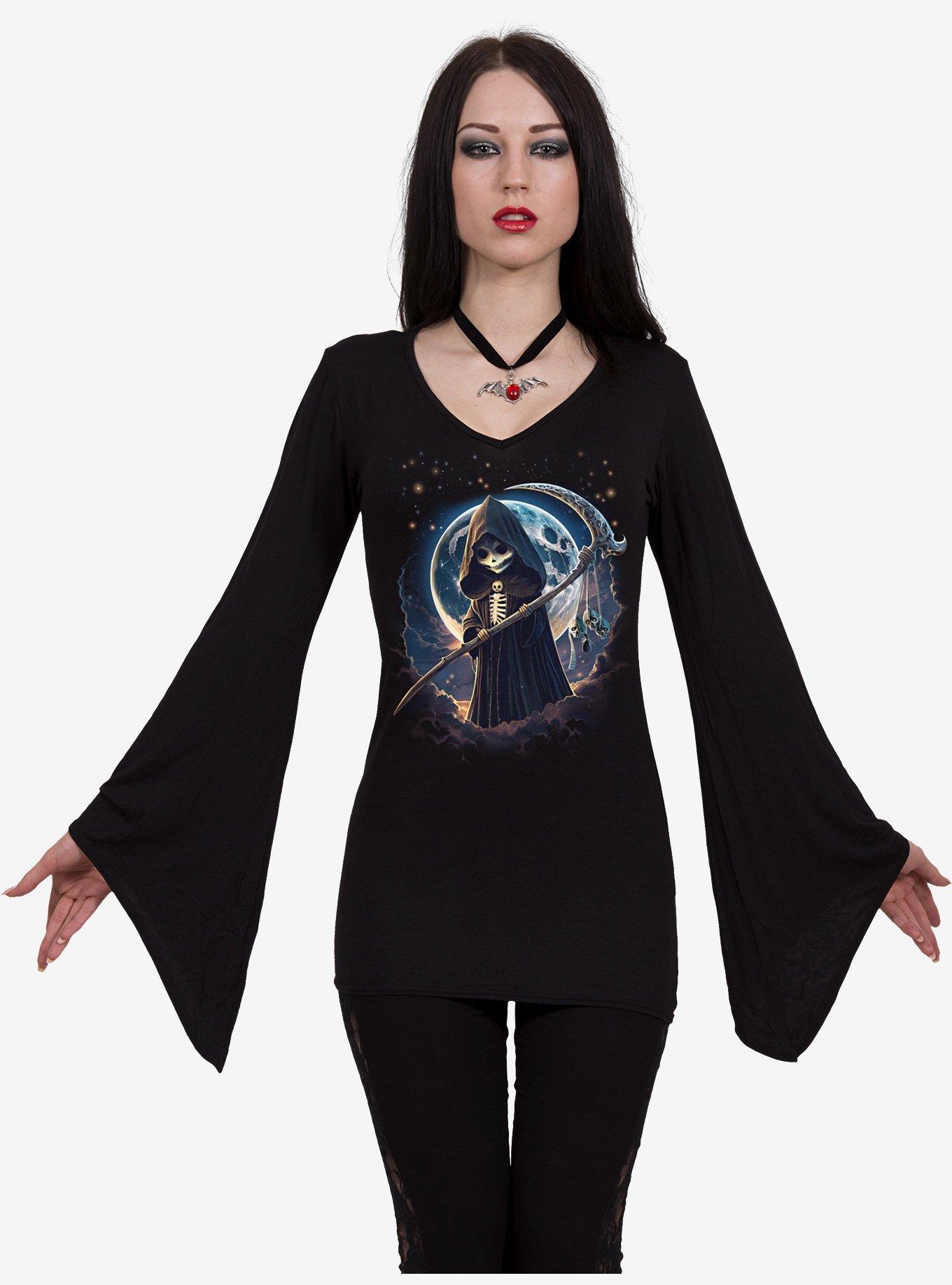 Reaperette V Neck Goth Long Sleeve Top, BLACK, alternate
