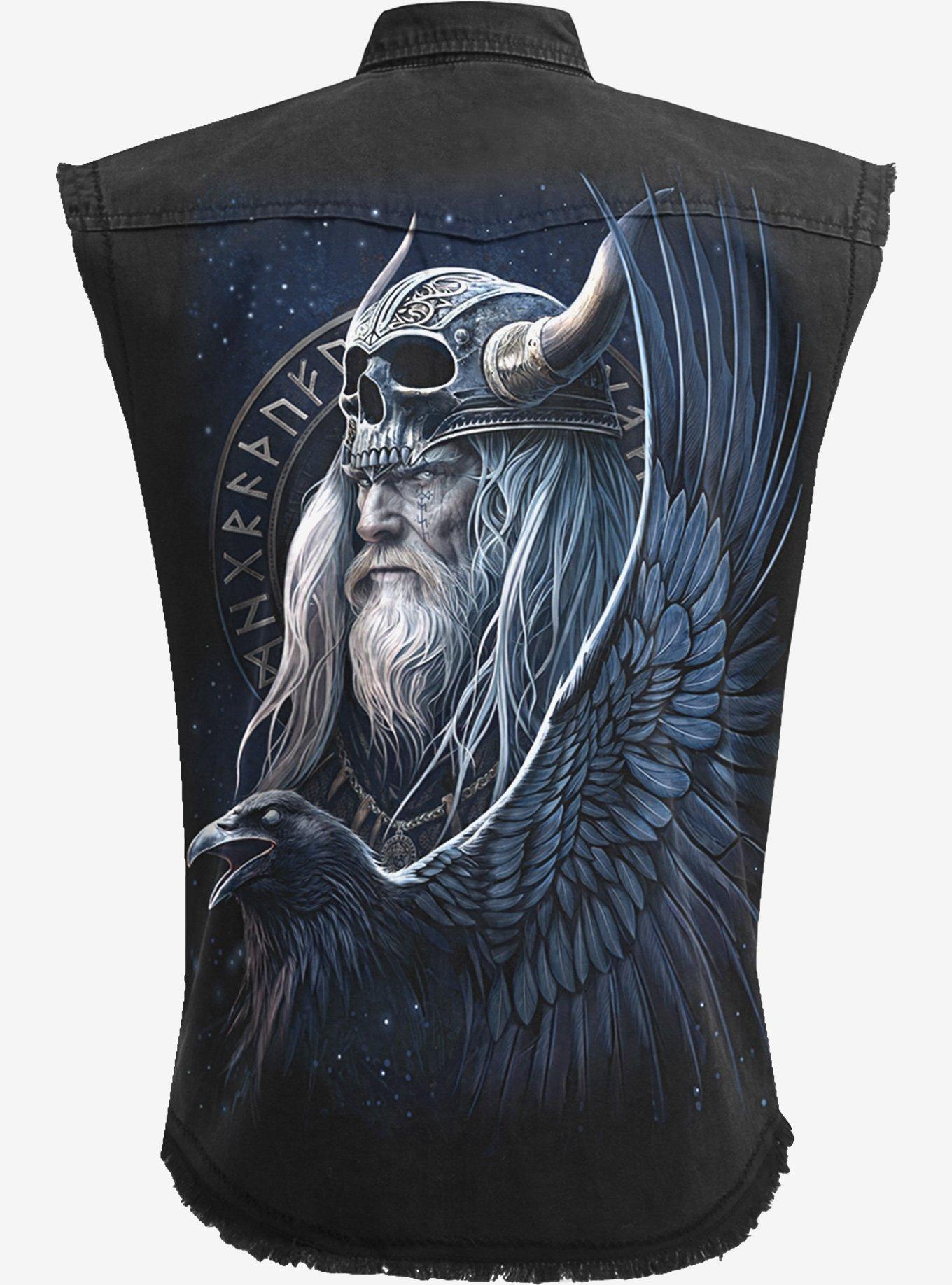 Odin's Warrior Sleeveless Stone Washed Button-Up Shirt, BLACK, alternate